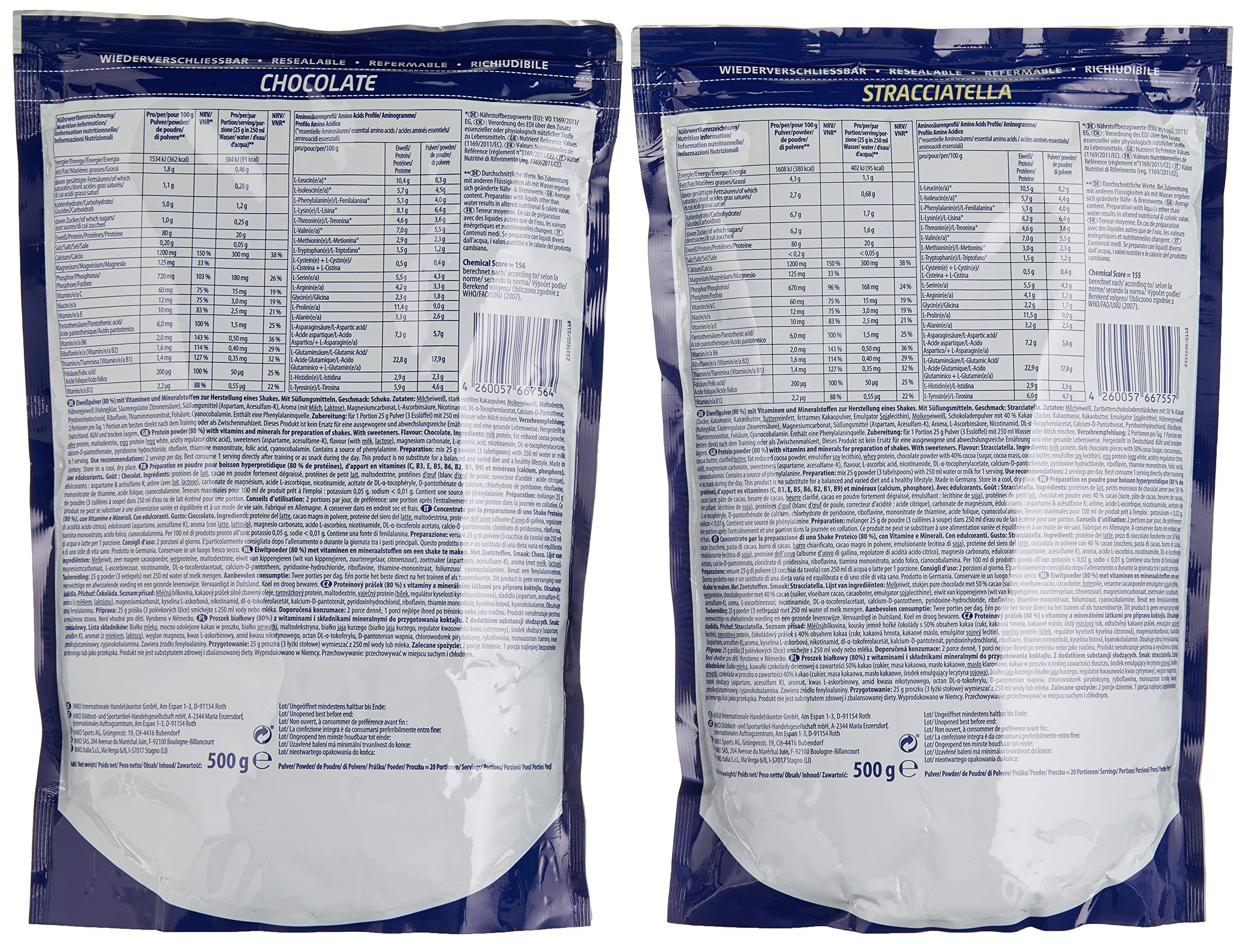 Inkospor Active Proteinshake Pro 80 Beutel 2er Mix Pack (2 x 500 g) Schoko/Stracciatella, 1er Pack (1 x 1 kg)