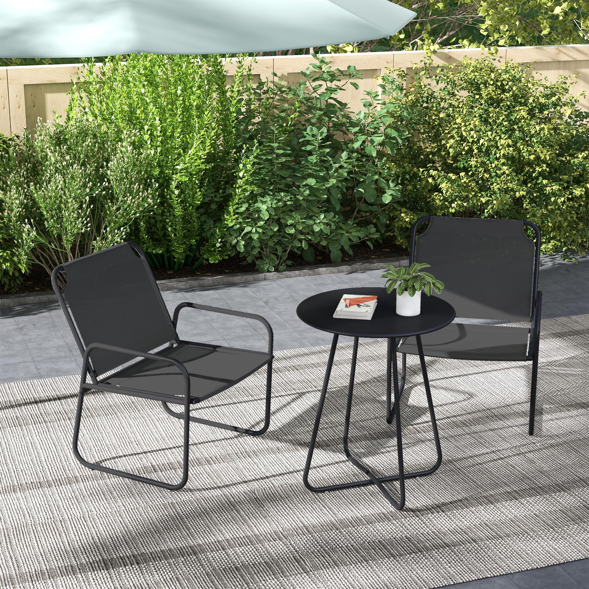 Outsunny Salon de Jardin 3 pièces, 2 fauteuils 1 table ronde, Acier, Tissu respirant, Gris