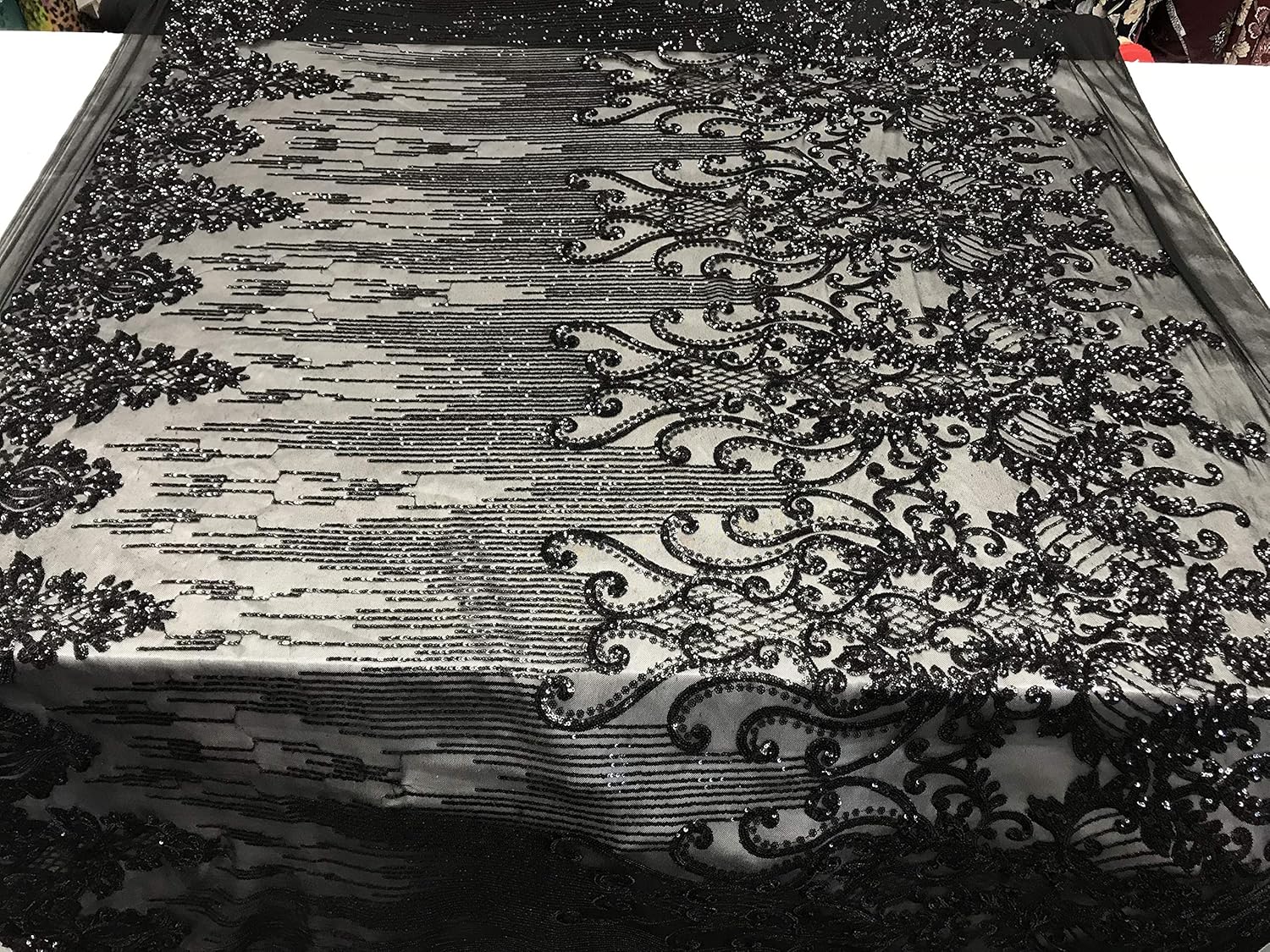 Black Luxury Sequins 4 Way Stretch Sequins Embroidery Fabric on A Mesh Lace by The Yard. Wedding Prom Dress, Tablecloths