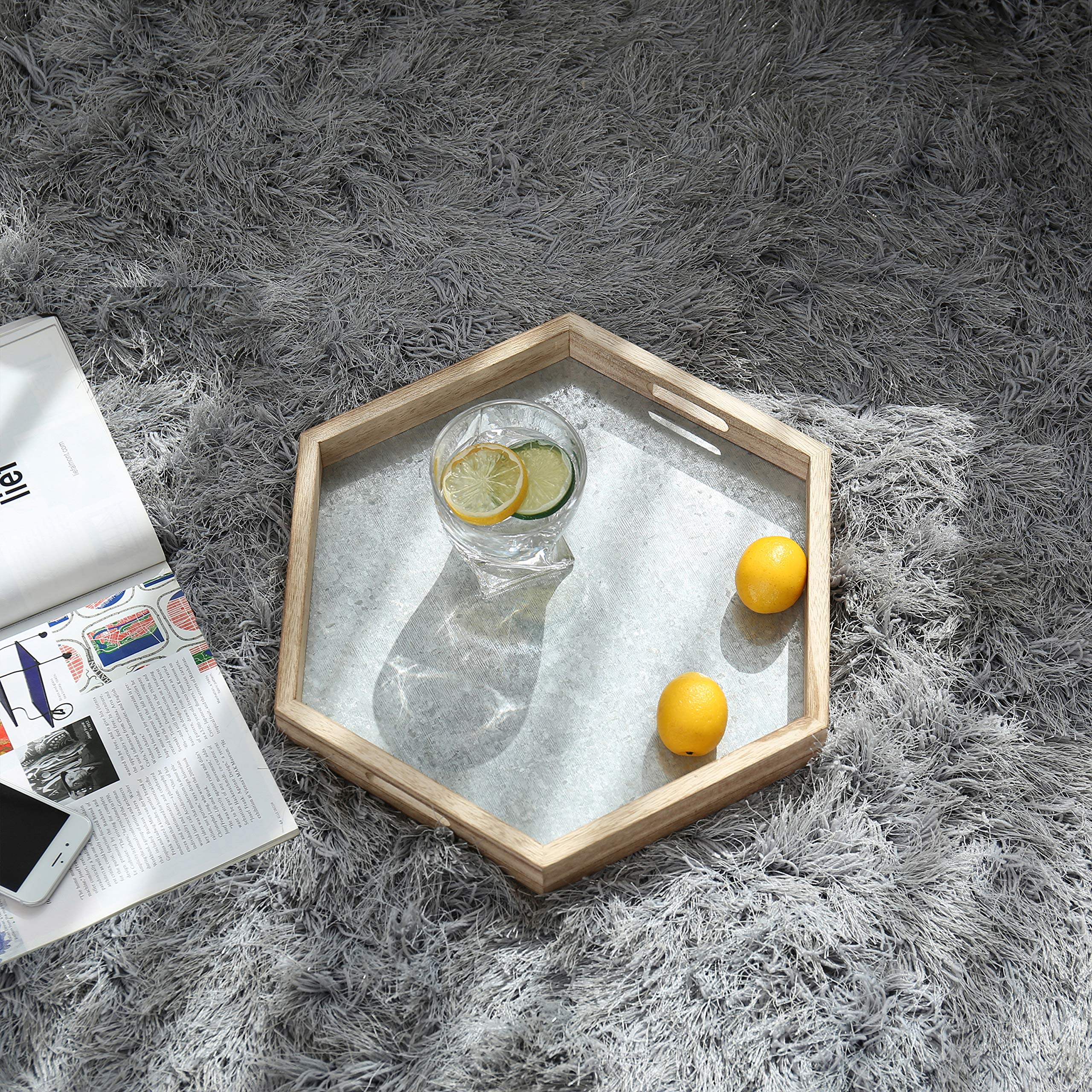 MyGift 15-Inch Galvanized Metal Large Serving Tray with Handles, Hexagonal Vintage Wood Decorative Tray