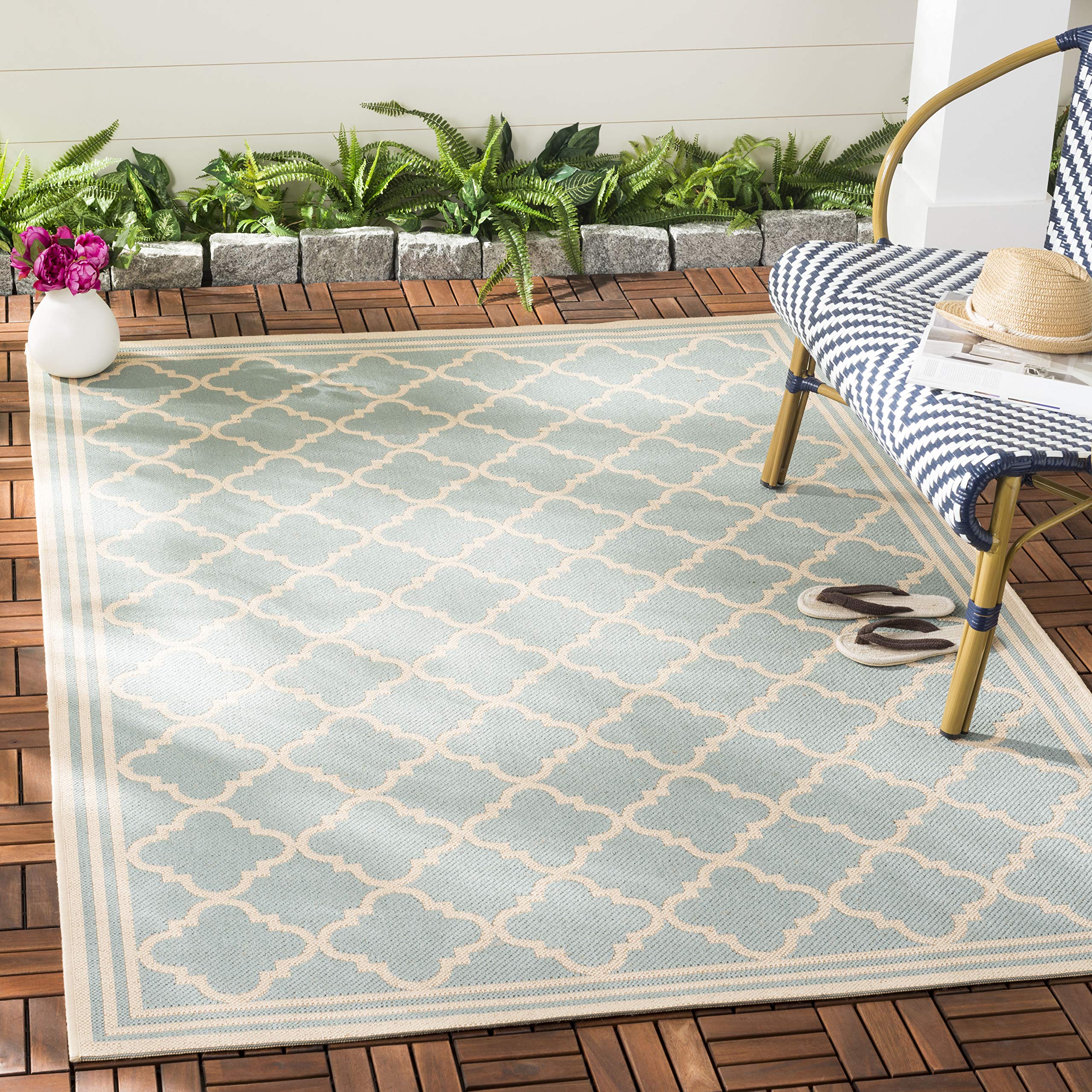 SAFAVIEH Washable Rug Outdoor Beach House Collection - 6'7" Square, Aqua & Cream, Non-Shedding & Easy to Clean, Ideal for Patio, Backyard, Mudroom (