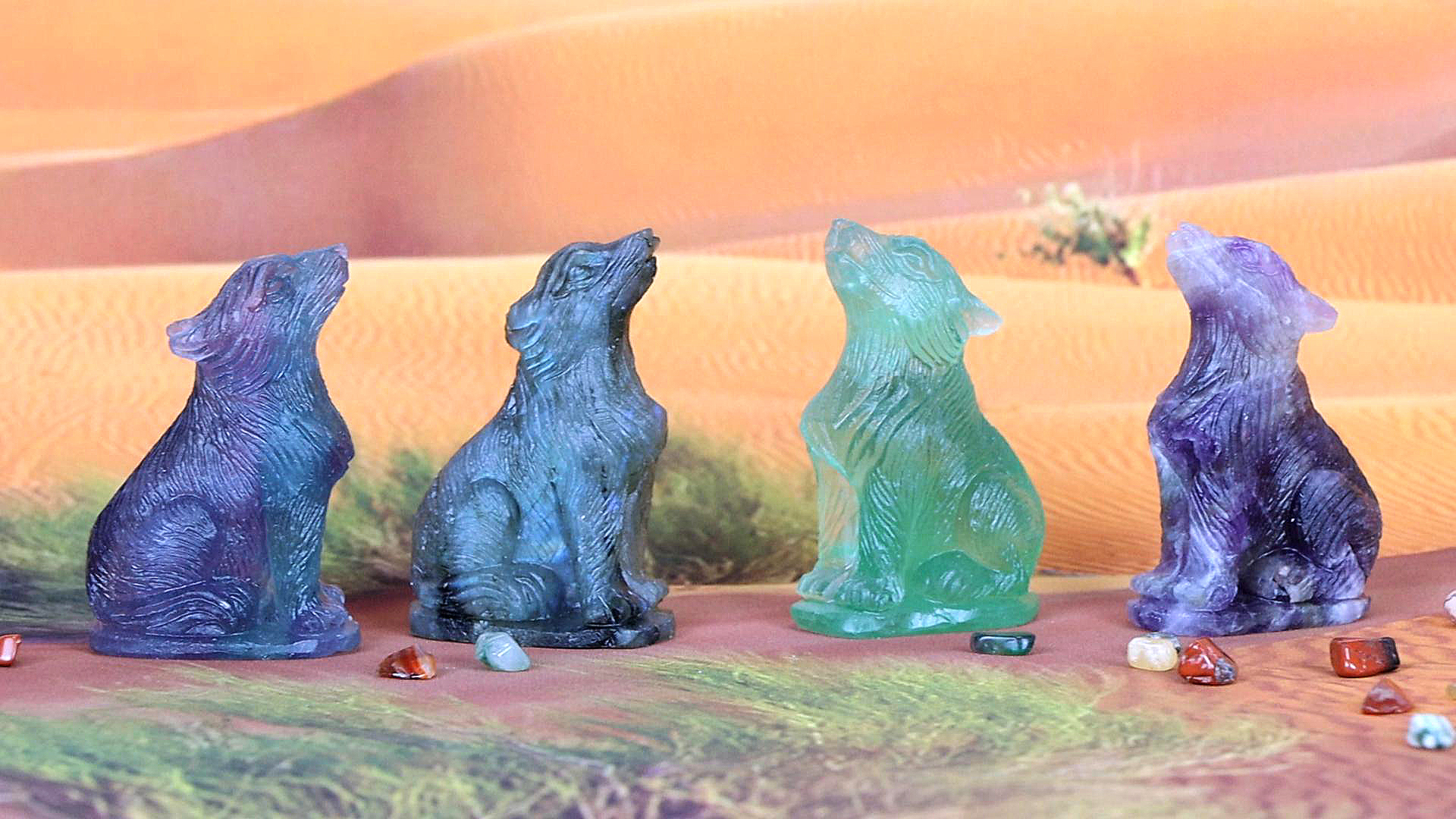 Estatua de Lobo en Labradorita tallada a mano 2.0 pulg miniatura 7