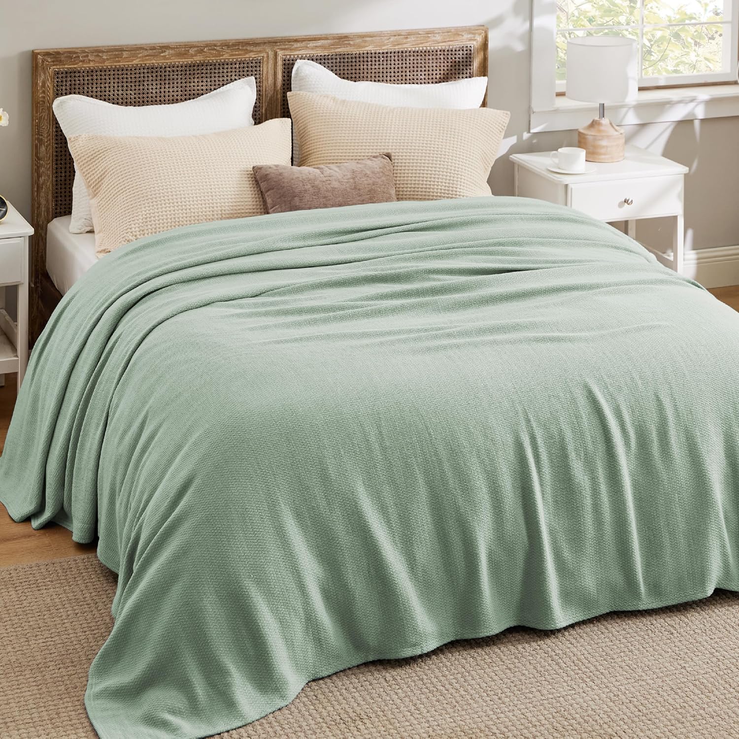 Bedsure GentleSoft 100% Cotton Blanket King Size for Bed - Breathable and Lightweight, Soft Cozy Textured Herringbone Woven Blanket for Summer Spring, Sage Green, 108x90 inches thumbnail