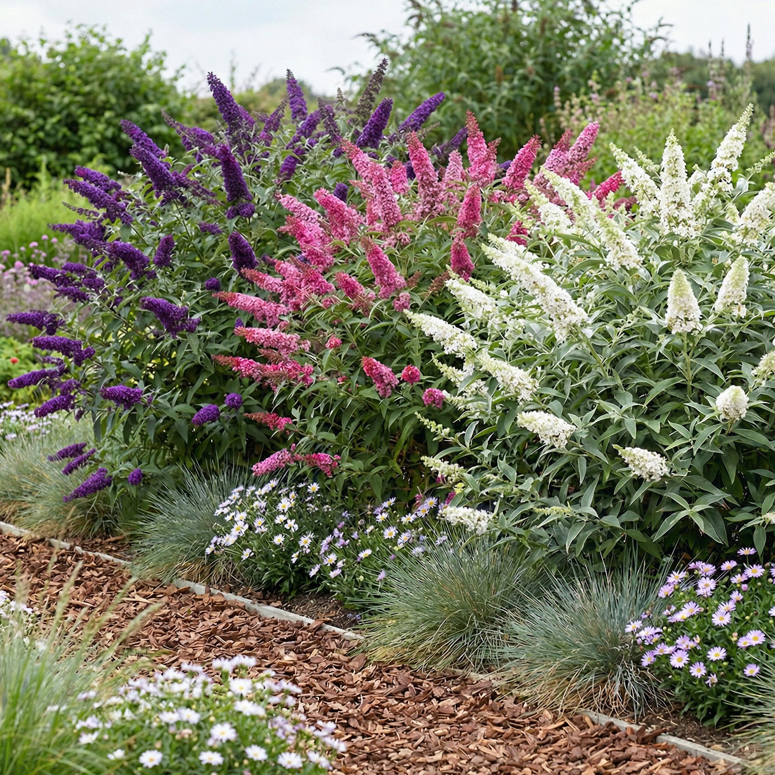 Buddleja davidii Tricolour Arbre à papillons 3 Plantes Pot 17cm Hauteur 45cm