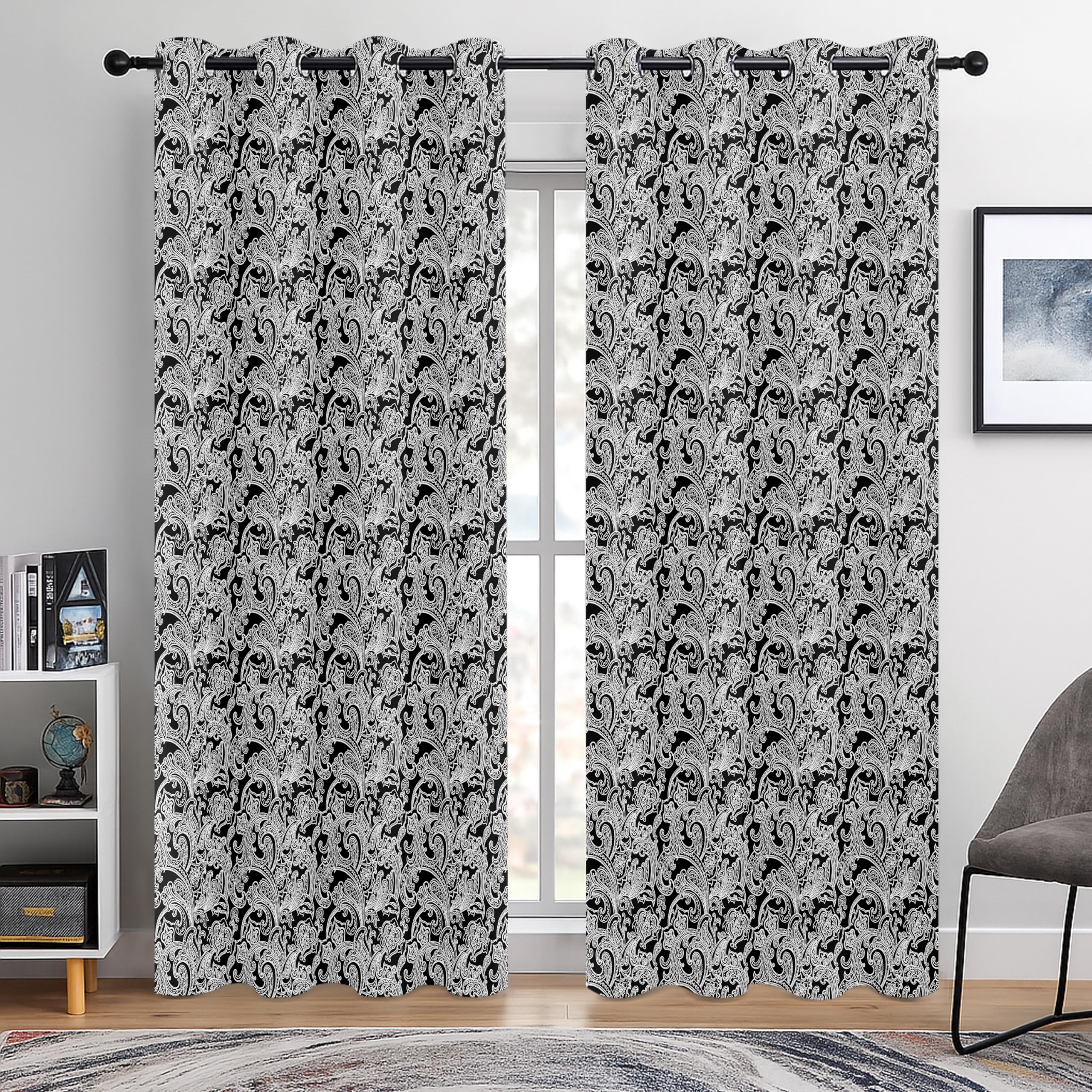 BOHOMOCASA Black and White Paisley Blackout Curtains โ 100% Blackout Thermal Insulated Curtains, Noise Reducing Window Drapes, Grommet Top, 52 x 84 Inch, Set of 2 Panels โ image 1