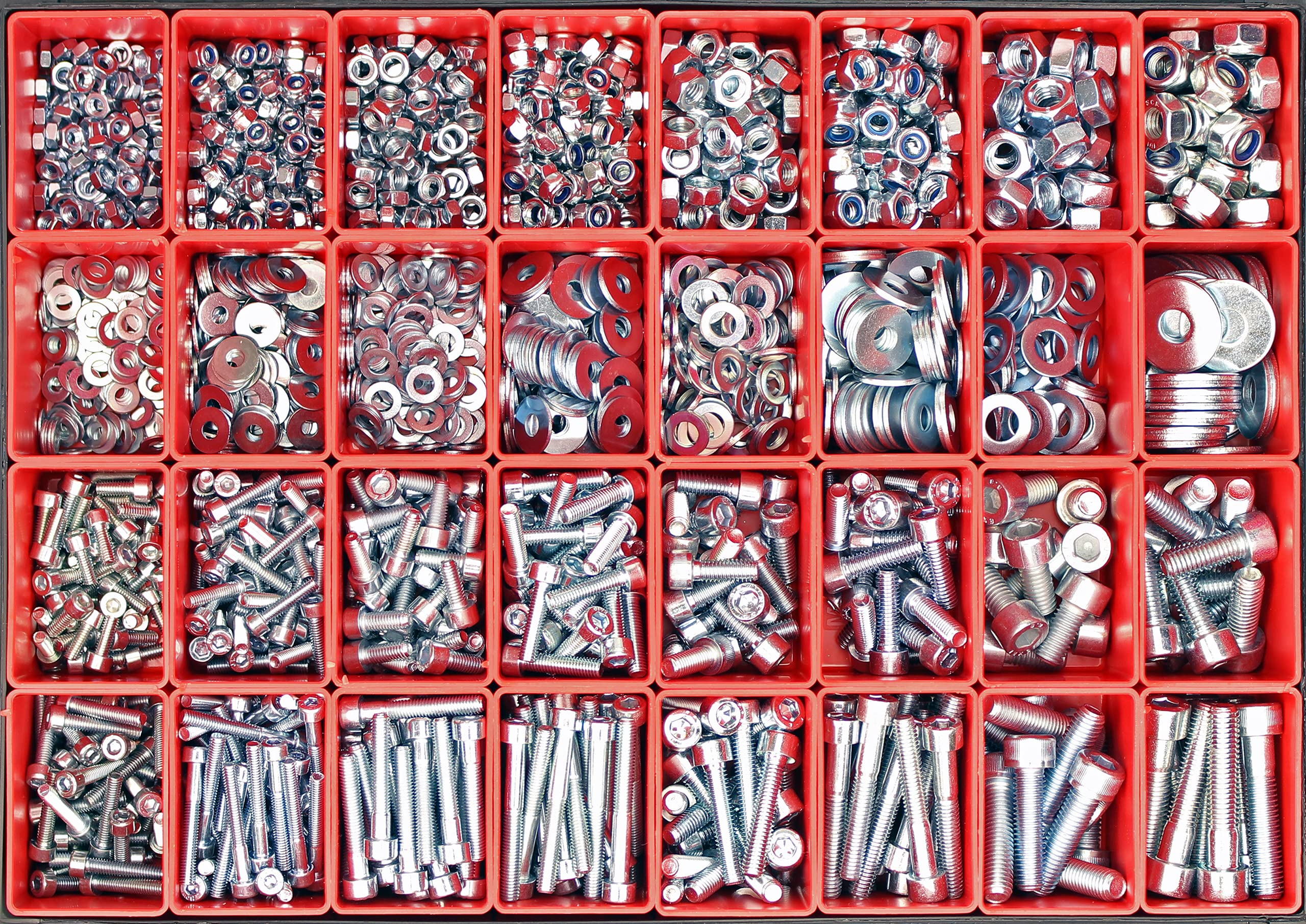 Großes Schrauben-Sortiment DIN 912 Zylinderkopf M4/M5/M6/M8 Stahl verzinkt 8.8 (DIN912+934+985+125+9021) 1751-tlg (Deluxe-Box)
