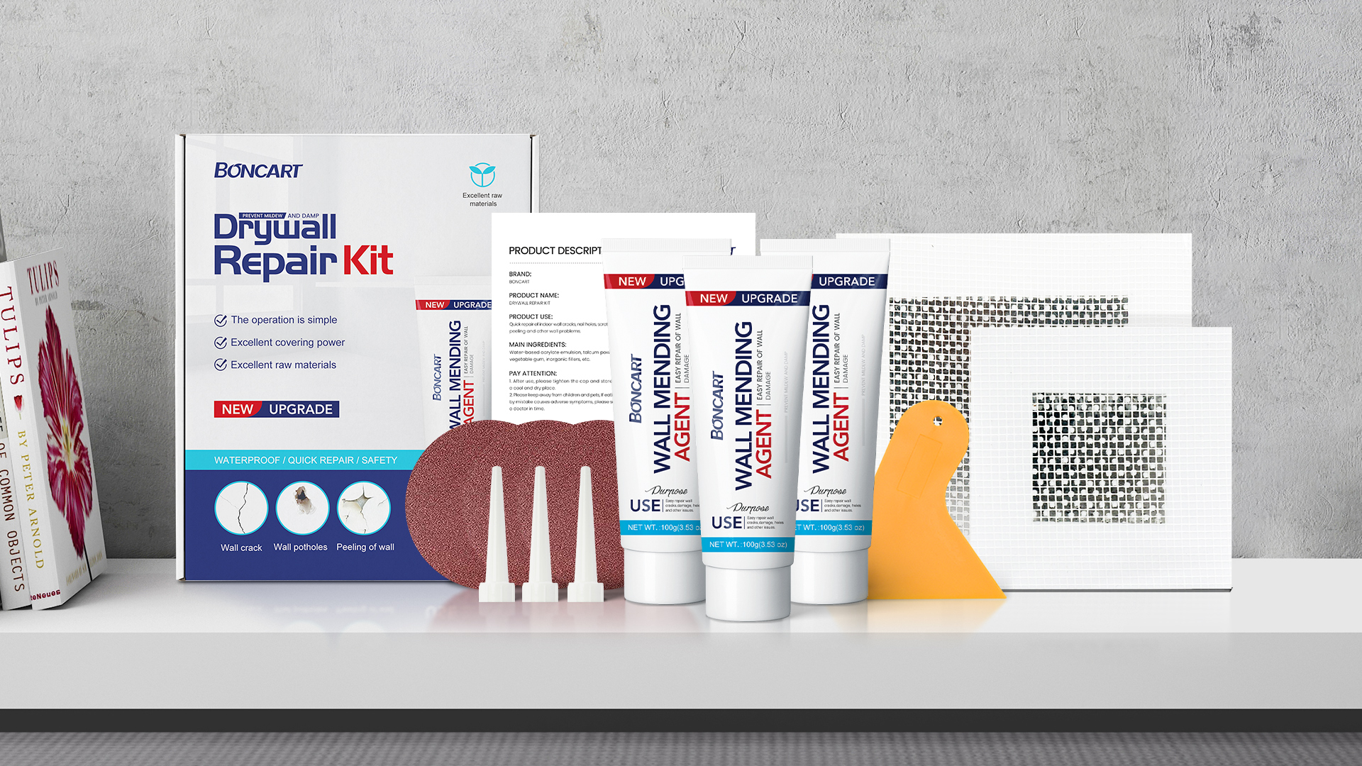 Image of BONCART Spackle Wall Repair Kit, 3-Pack Wall Mending Agent with Tools | Includes Scraper, Sandpaper, And Aluminum Patches. For Cracks And Nail Holes.