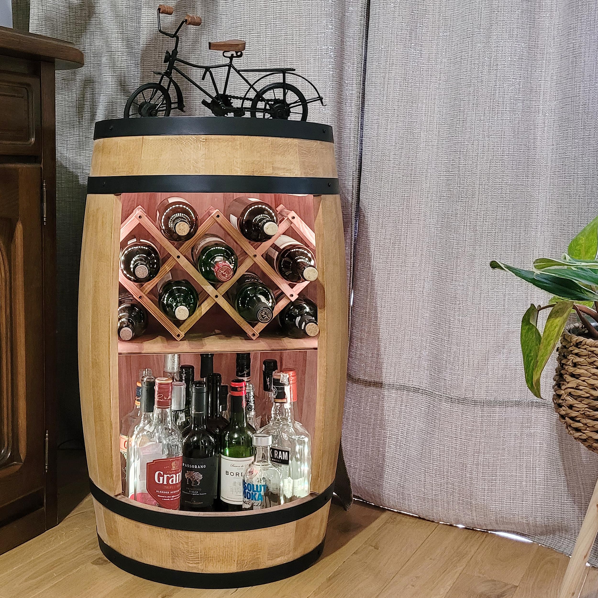 WEECO Barile in legno con portabottiglie con luci a LED RGB, Porta vino, Casa bar, Portabottiglie per whiskybar, regalo per uomo, Botte in legno per bottiglie di alcolici, Botte Di whisky Grappa 80cm