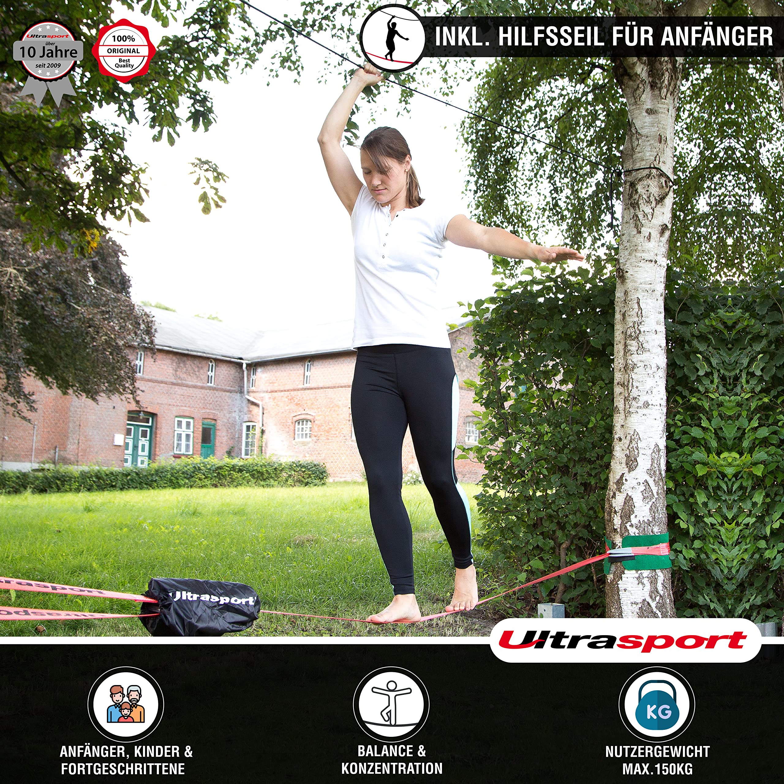 Ultrasport Slackline 15m-25m, mit Ratsche und Transporttasch, komplette Slackline-Satz, erhältlich mit und ohne Baumschutz, Slackline-Satz, Fitness-Slackline, TÜV GS zertifiziert, Kinder und Erwachse