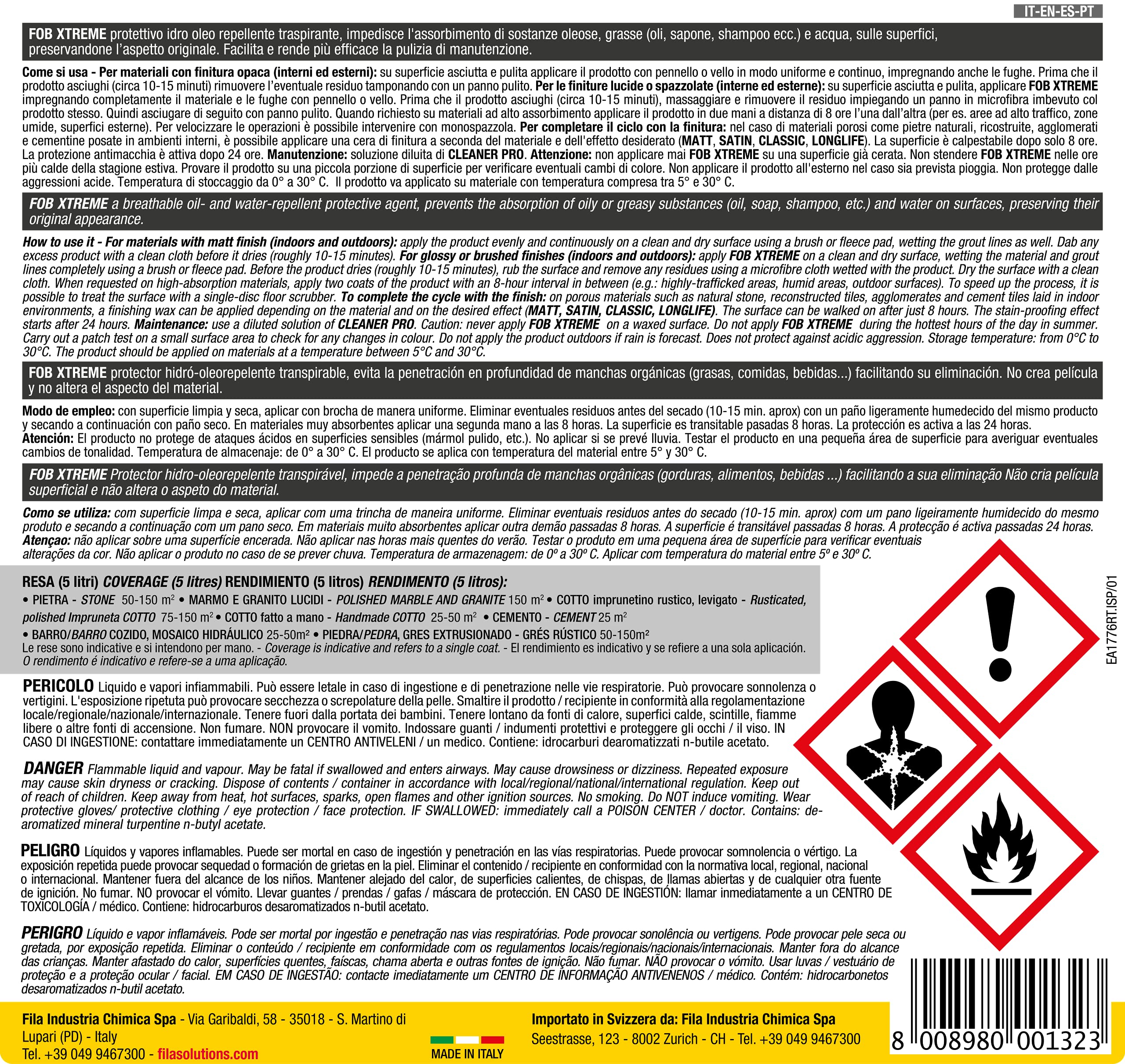 FILA Surface Care Solutions, FOB XTREME, Protettivo Antimacchia Traspirante ad Alta Performance, Blocca l'Assorbimento di Sostanze Oleose, Grasse (oli, sapone, shampoo), Colorate e Acqua, 5L
