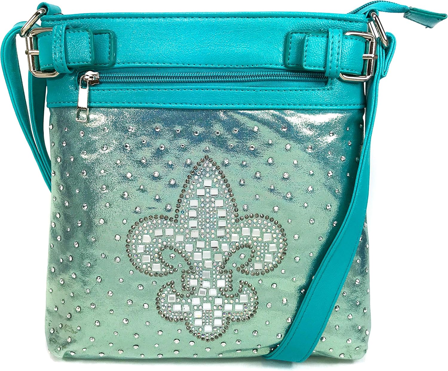 Justin West Concealed Carry Shiny Bling Gleaming Rhinestone Glass Fleur De Lis Messenger Cross Body Handbag Purse
