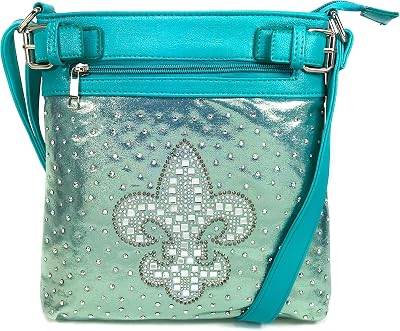 Justin West Concealed Carry Shiny Bling Gleaming Rhinestone Glass Fleur De Lis Messenger Cross Body Handbag Purse (Turquoise)