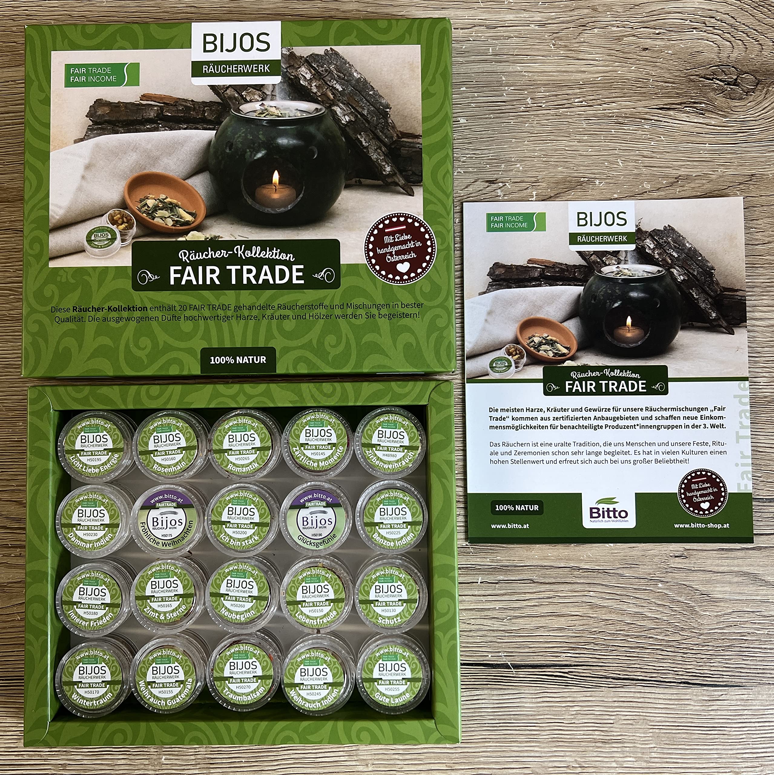 Bijos Räucherwerk Sortimentsbox Fair Trade, gefüllt mit 20 der beliebtesten Räucherwerk und Entspannungsmusik CD