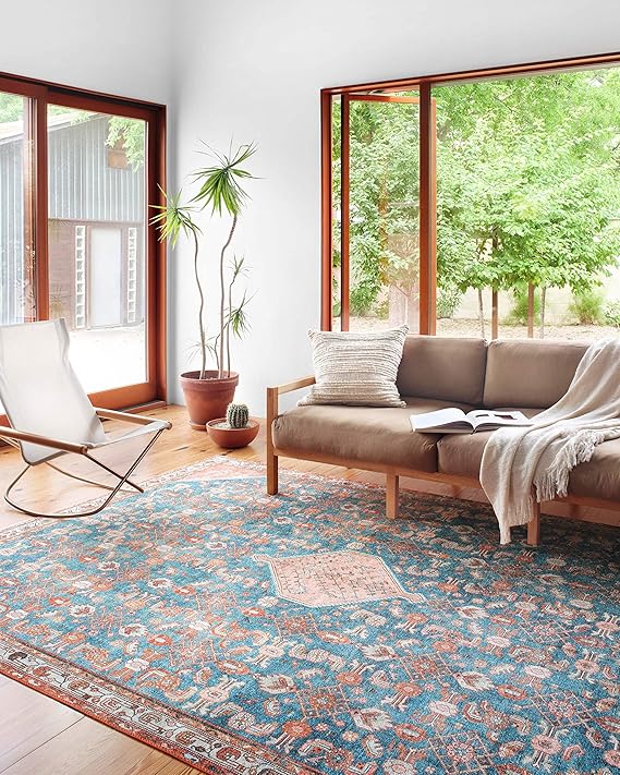 Loloi Layla Collection LAY-10 Marine/Clay 2'-6" x 9'-6" .13" Thick Runner Rug, Soft, Durable, Vintage Inspired, Distressed, Low Pile, Non-Shedding, Easy Clean, Printed, Living Room Rug