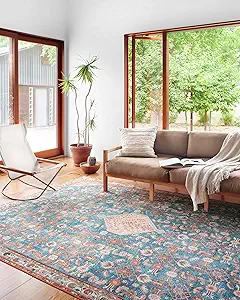Loloi Layla Collection LAY-10 Marine/Clay 2'-0" x 5'-0" .13" Thick Accent Rug, Soft, Durable, Vintage Inspired, Distressed, Low Pile, Non-Shedding, Easy Clean, Printed, Living Room Rug