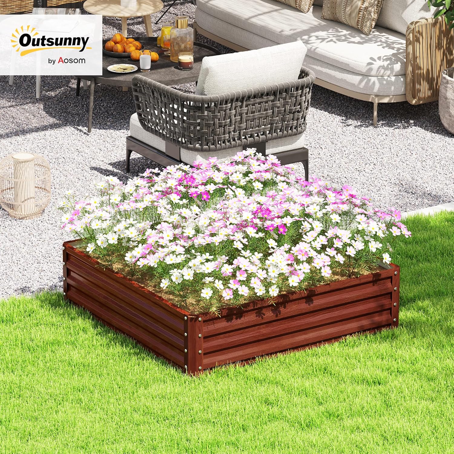 outsunny galvanized raised garden bed, 4' x 4' x 1' metal planter box, for growing vegetables, flowers, herbs, succulents, natural wood natural wood 4' x 4' x 1' (1 pc)
