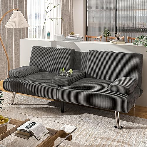 Miniatura 7 de Shahoo - Sofá futón convertible plegable tapizado en lino moderno, con reposabrazos removibles, patas de metal, 2 portavasos para sala de estar,