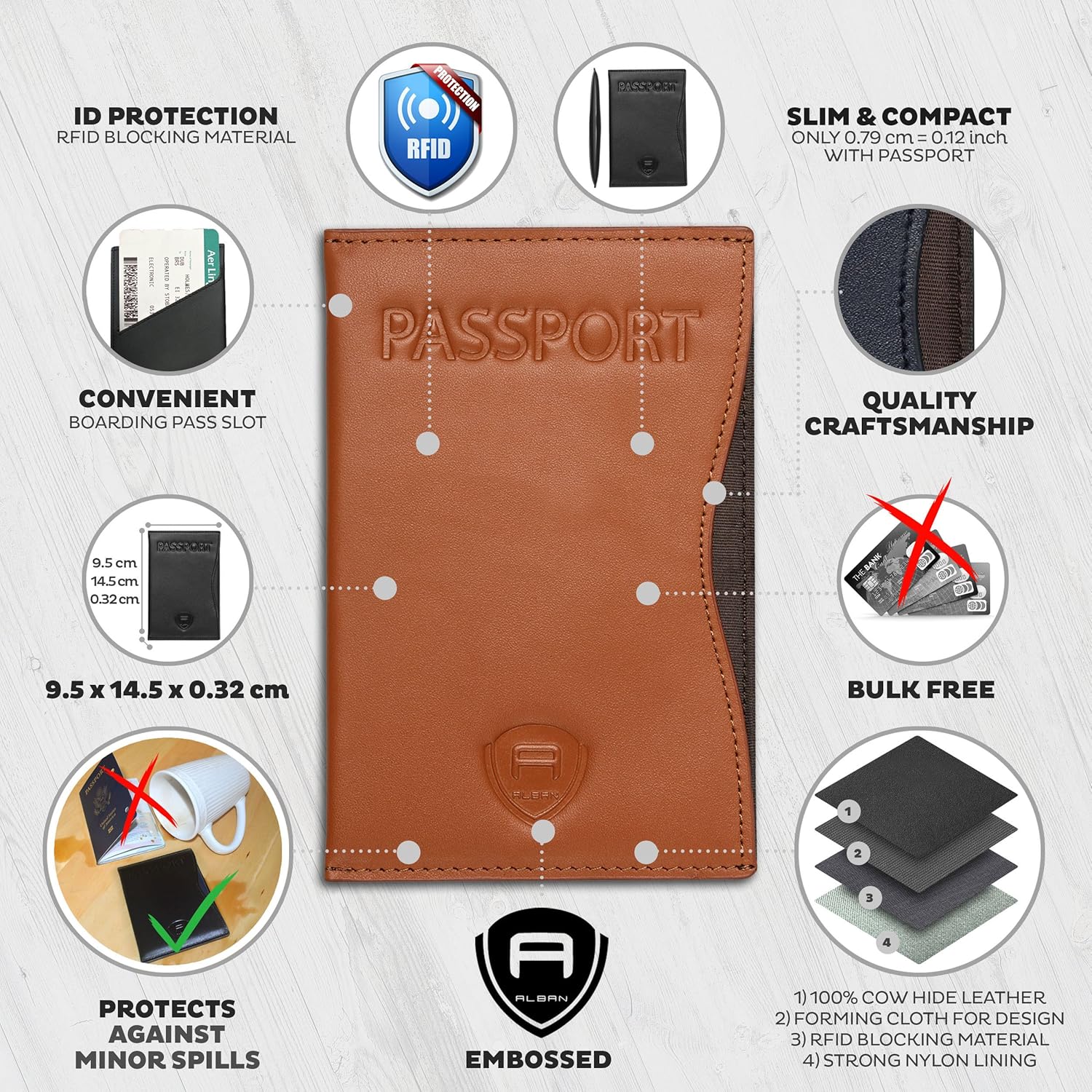 Alban RFID Passport Holder Women Men RFID Blocking Travel Passport Wallet Case Genuine Leather Passport Cover porta pasaporte - Image 3