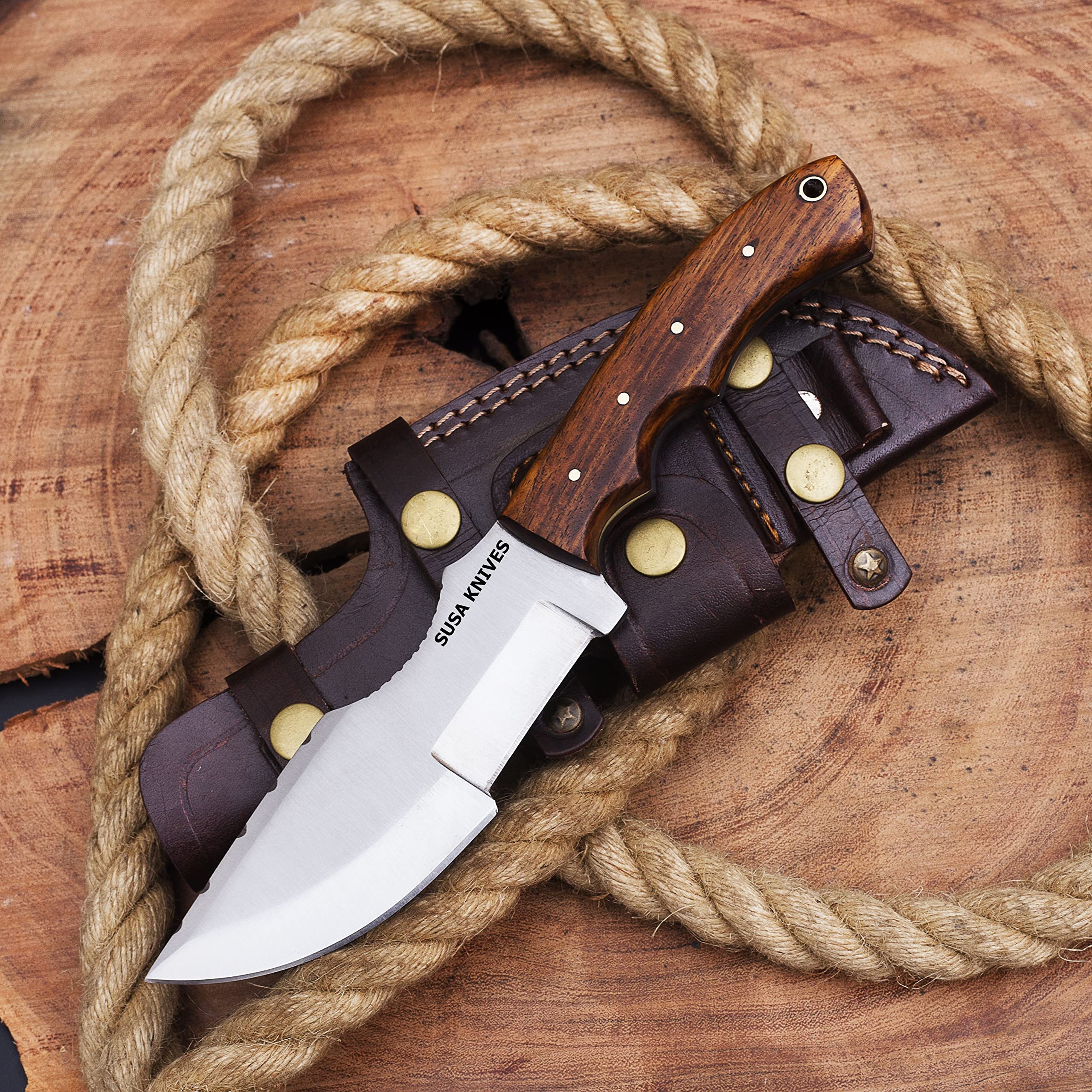 SUSA KNIVES Handmade D2 Steel Tracker Knife with Micarta Handle- Survival Knife - Camping Knife - Black Tactical Knife - Hunting Knife with Sheath Horizontal Carry Fixed Blade Knife (ROSE WOOD)