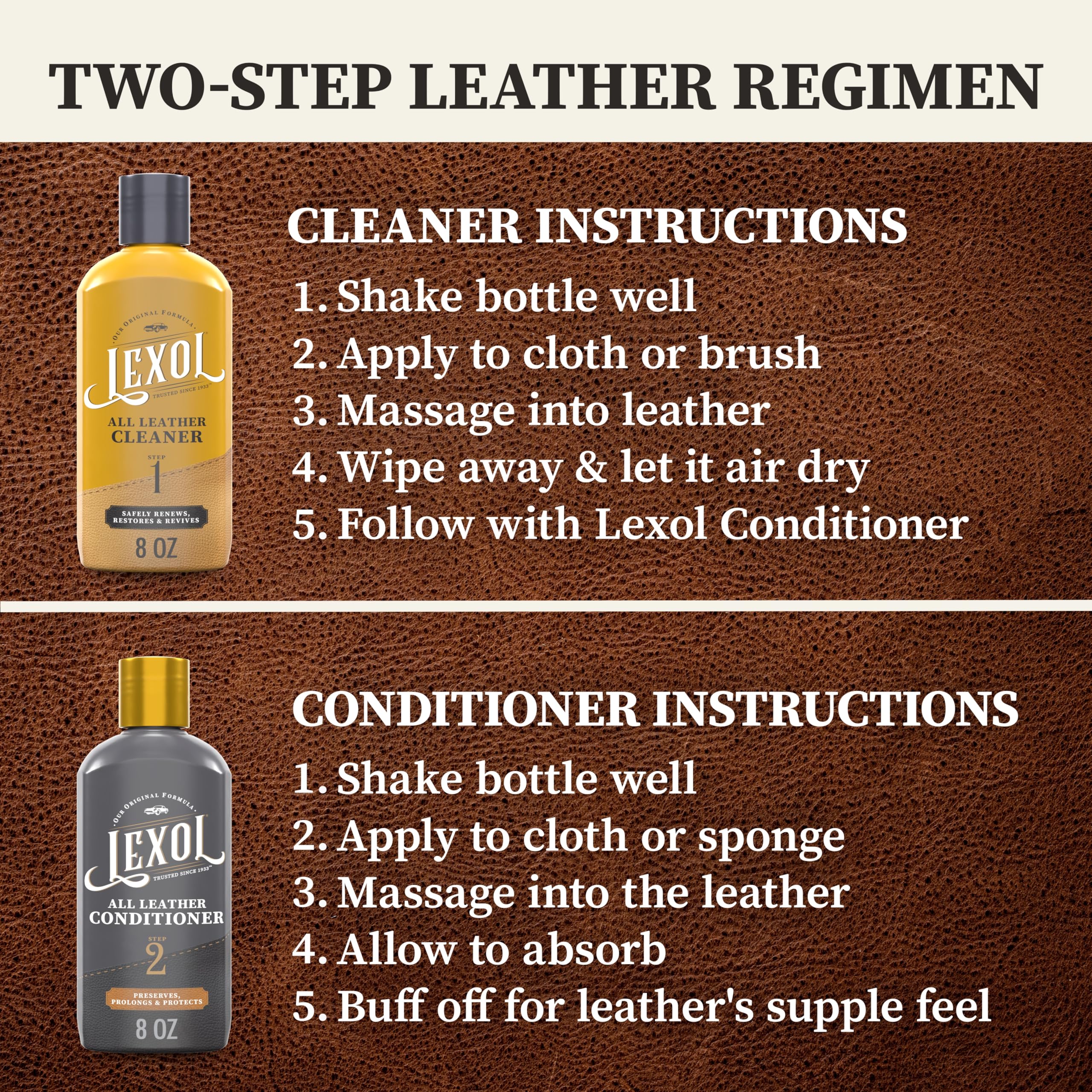 Amazon.com: Leather Cleaner and Conditioner Kit by Lexol for Furniture Car  Interiors Shoes Handbags, leather cleaner and conditioner two-step system  with 2 sponges, 8 oz each : Automotive