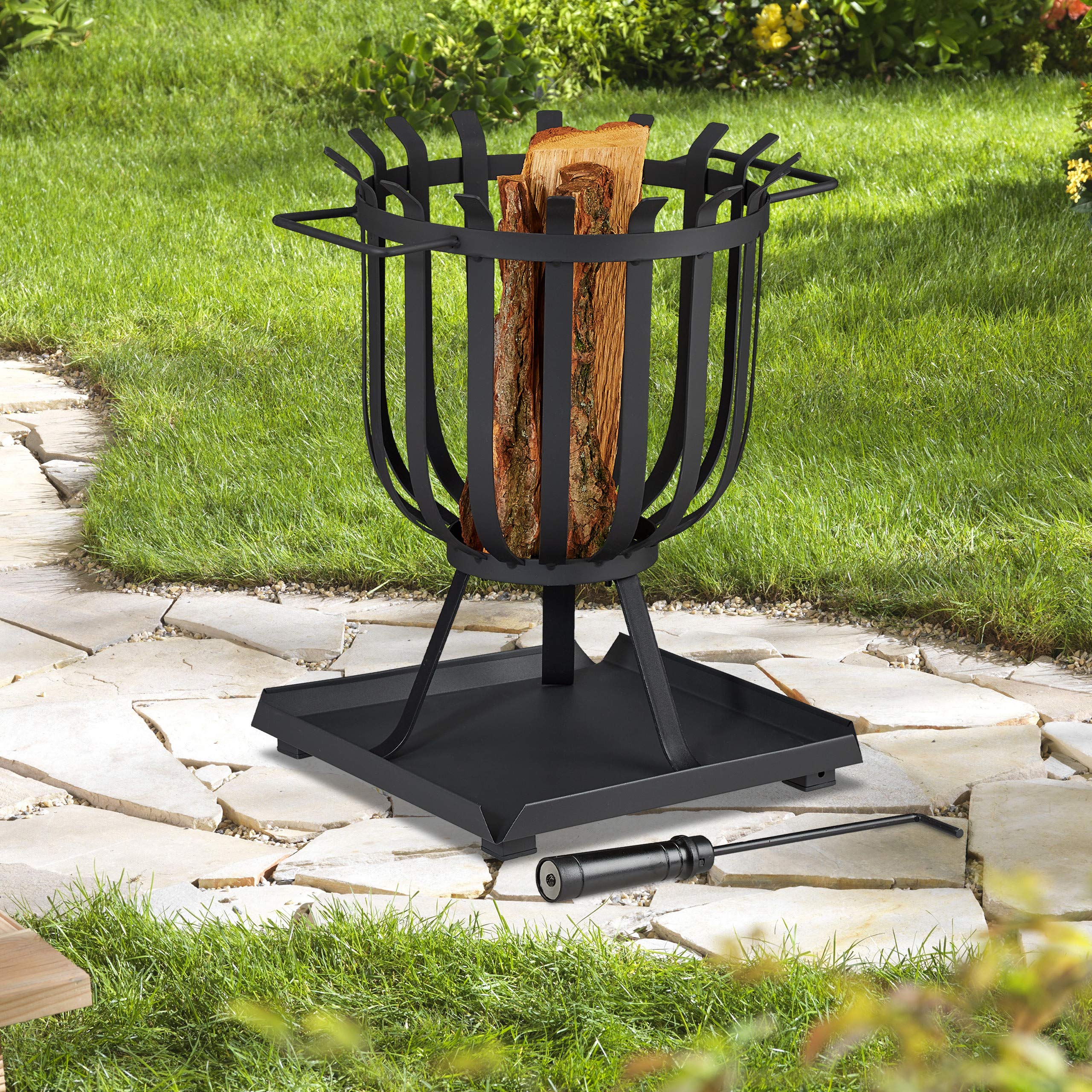 Relaxdays Brasero de Jardin, XL, Plaque de Sol & tisonnier, HLP 46 x 41,5 x 36 cm, Panier à feu Acier, Rond, Noir