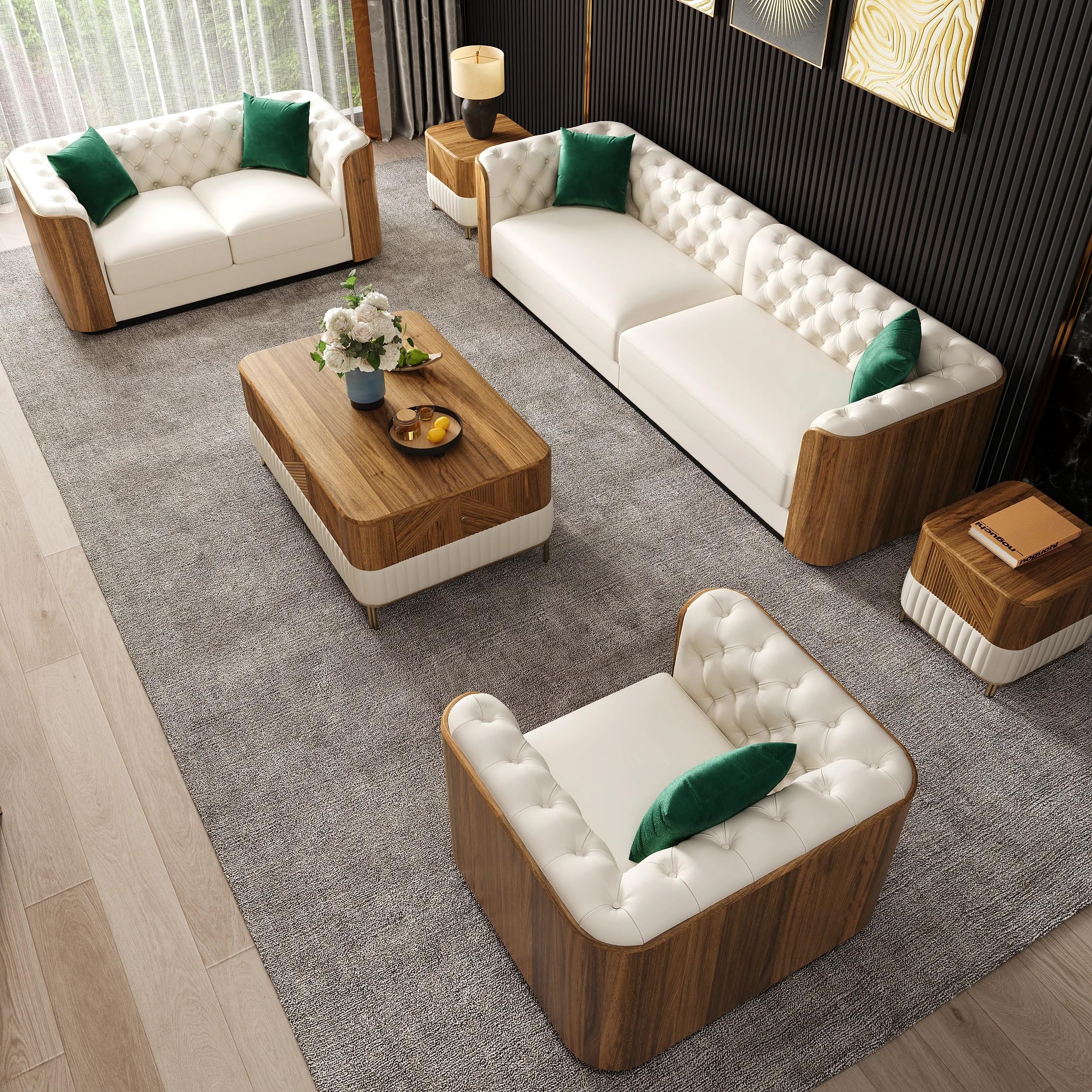 Wovent Modern Beige Faux Leather Tufted Sofa & Loveseat Living Room Set of 3 (3+2+1)-image-22