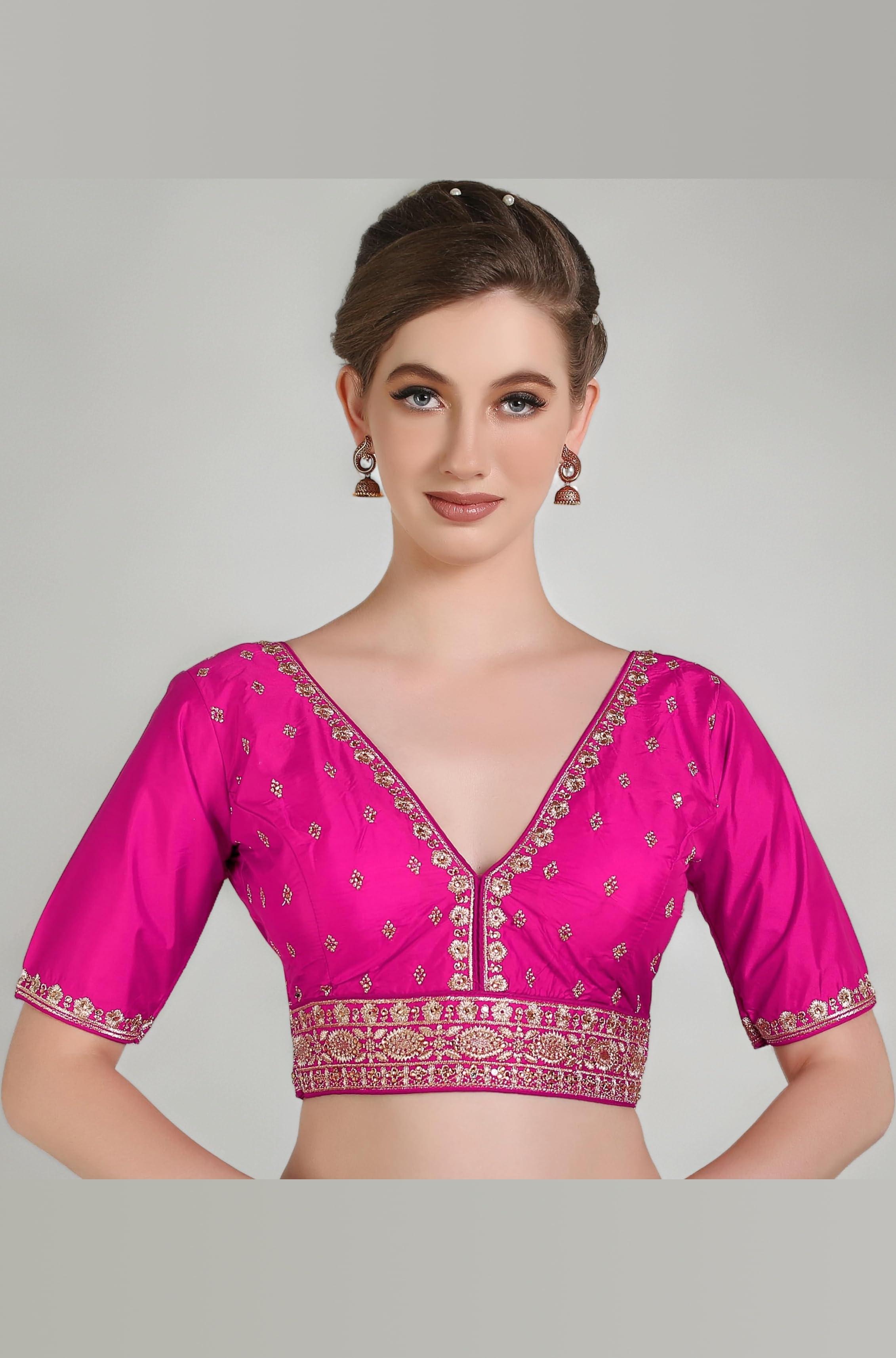 Pujia Mills Woman Embroidery Work Half Sleeve Readymade Blouse for Women