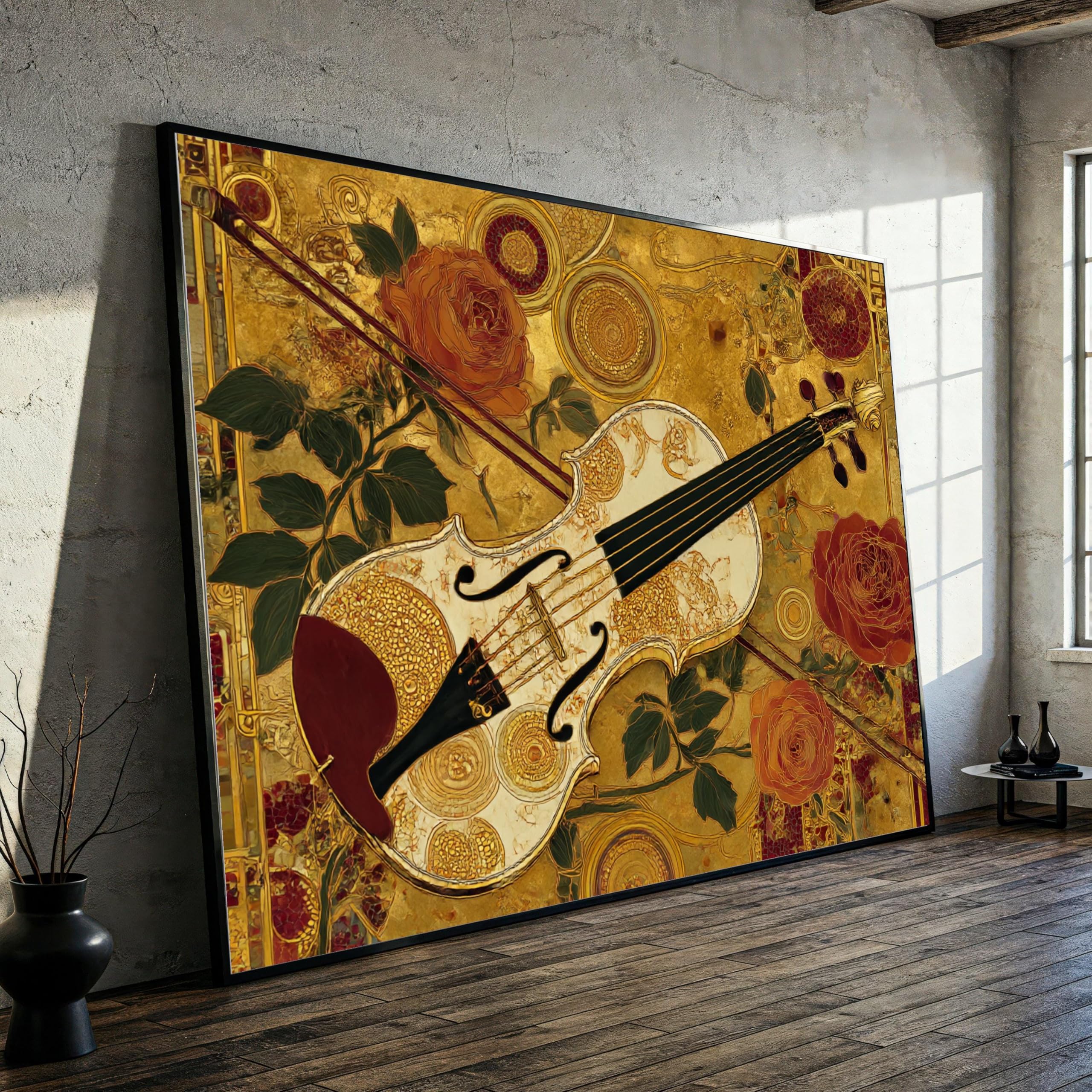 Yusuzhu Frameless Big Size Violin Art, Floral And Gold Canvas, Decor Music Instrument Canvas Wall Art, Home Decoration, Classic Art Print(50X75cm/Frameless)