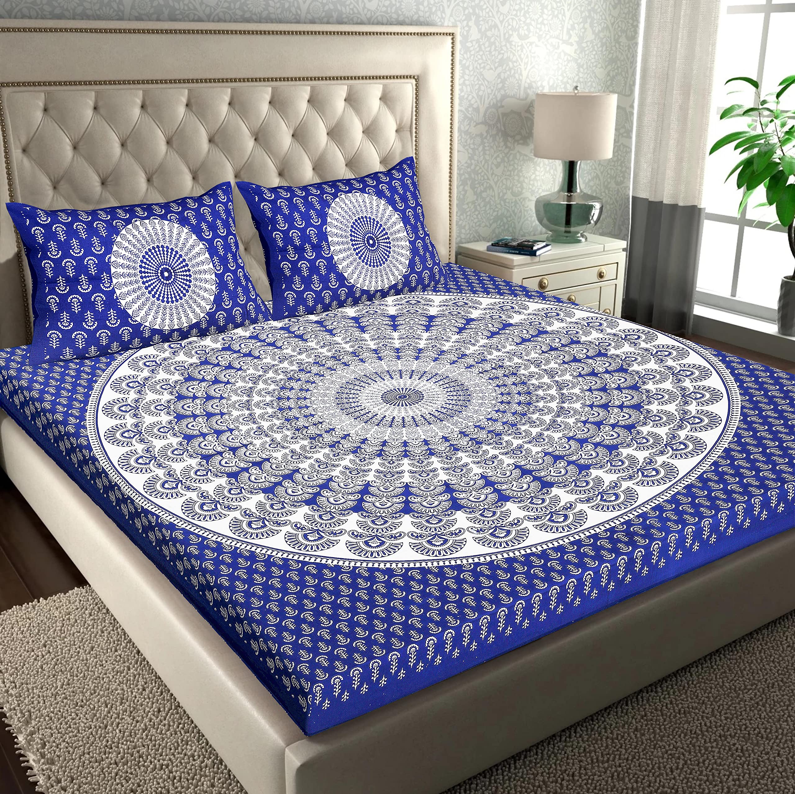 RajasthaniKart® Pure 100% Cotton 144TC Double Bed Sheet with 2 Pillow Covers (Bedsheet for Double Bed Cotton, Blue Rangoli) | 144 TC