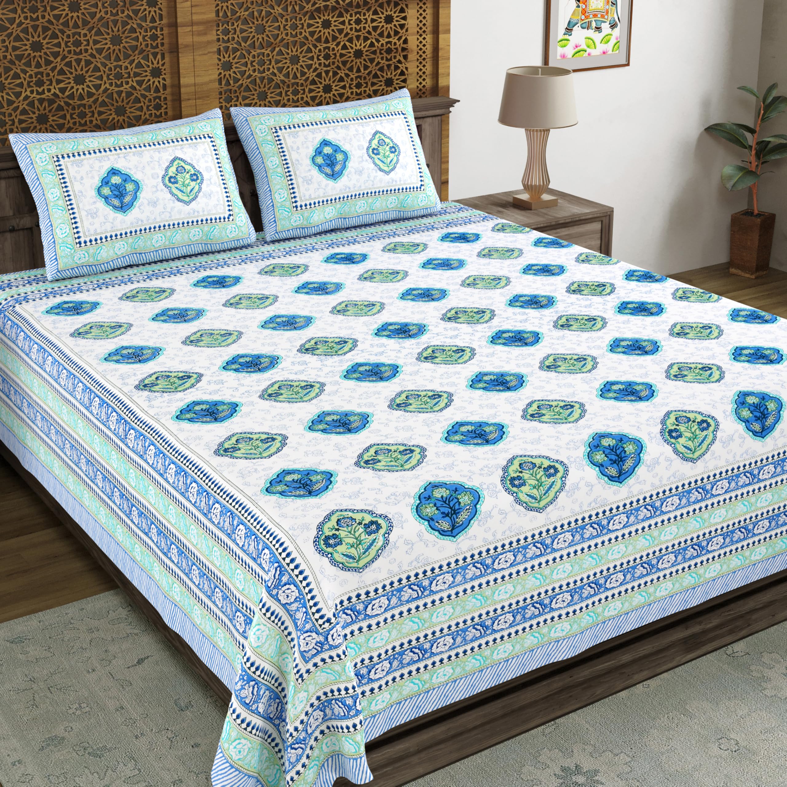 BLOCKS OF INDIA Hand Block Printed 300 TC Cotton King Size Bedsheet (Blue Green Rose)