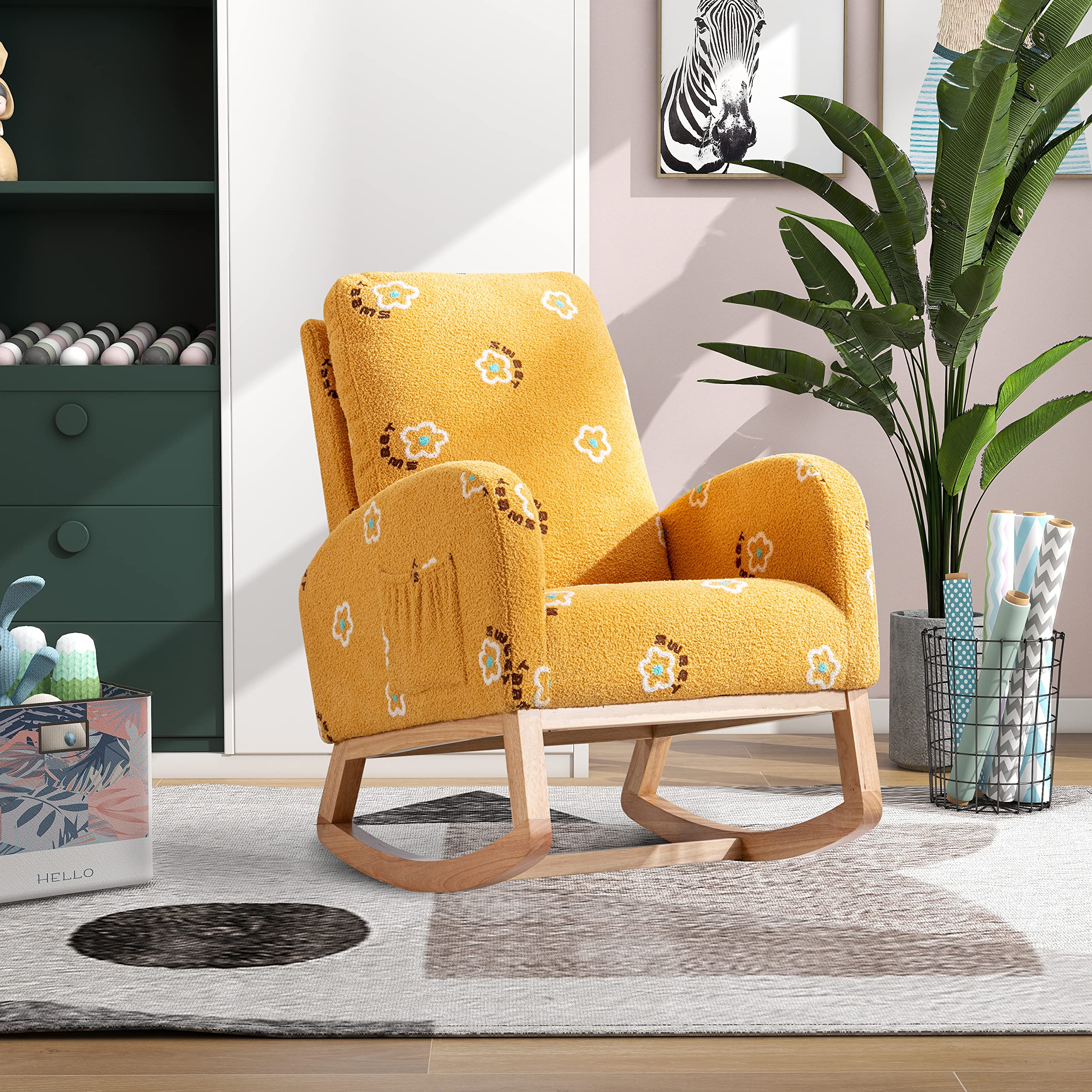 Merax Living Room Rocking Chair for Nursery,Accent Rocker Armchair with Side Pocket,Upholstered High Back Wooden Rocking Chair for Living Room Baby Kids Room Bedroom (Mustard Boucle)