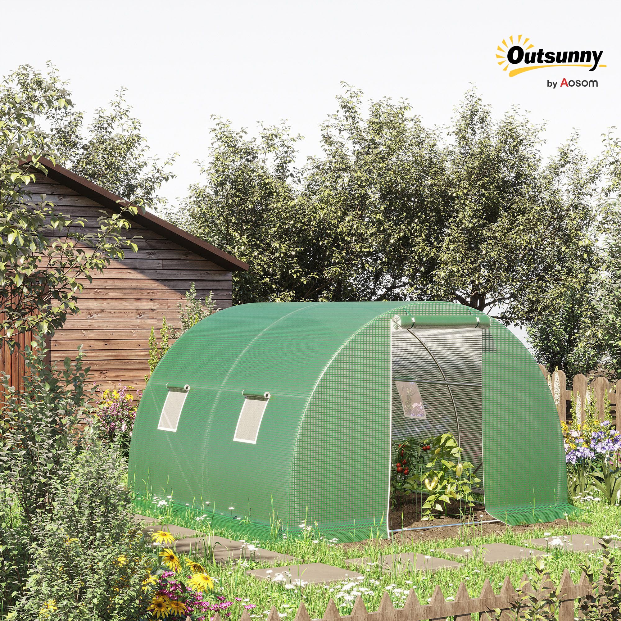 Outsunny Serra a Tunnel da Giardino e Orto 3x3x2m con Copertura in PE, Serra per Piante con Porta e Finestre Avvolgibili, Verde