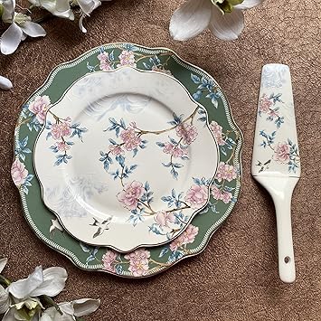 Vigneto | Victorian Green Snack Set (1 Serving Plate, 6 Quarter Plates, 1 Server) | Finest Premium Porcelain | Luxury Tableware