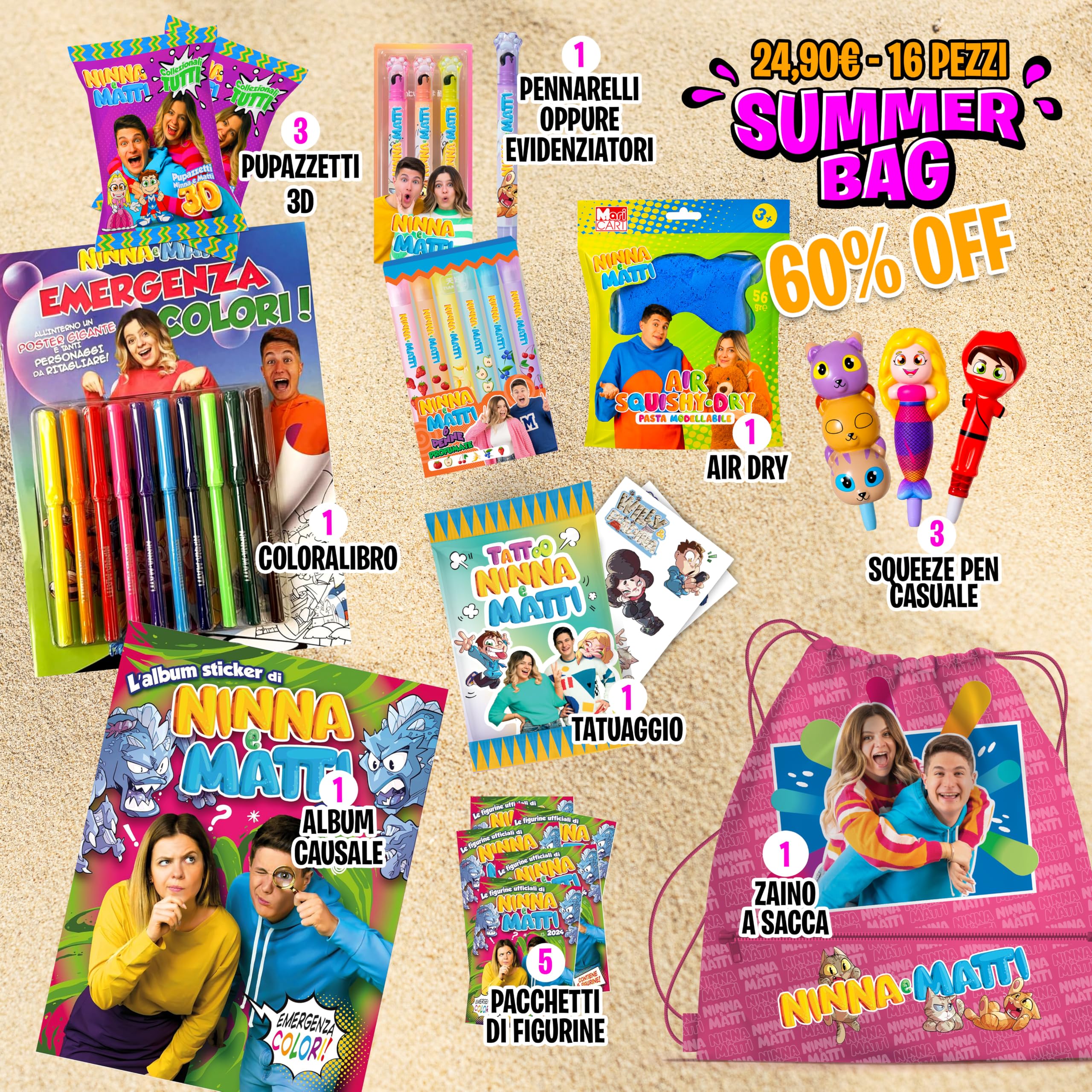 NINNA e MATTI Summer Bag, Box Regalo con Tantissimi Prodotti Ufficiali | Gadget, Figurine, Pupazzetti, Penne etc. (Summer Bag - 16 Pezzi)