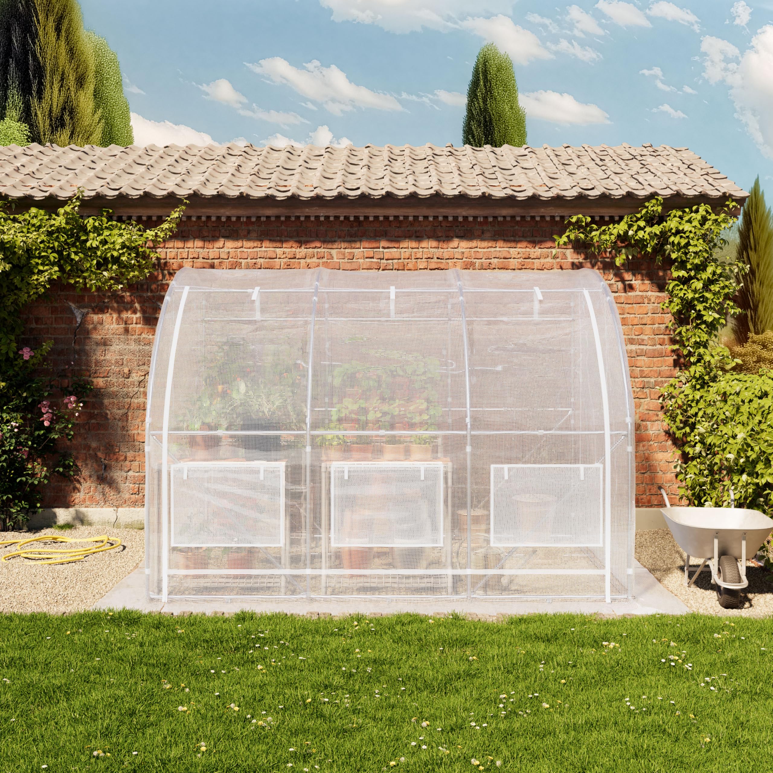 TOOLPORT Serra a tunnel addossata 2x3 m in PE 180 g/m² stabilizzato UV con struttura in acciaio zincato, serra per pomodori con finestre laterali