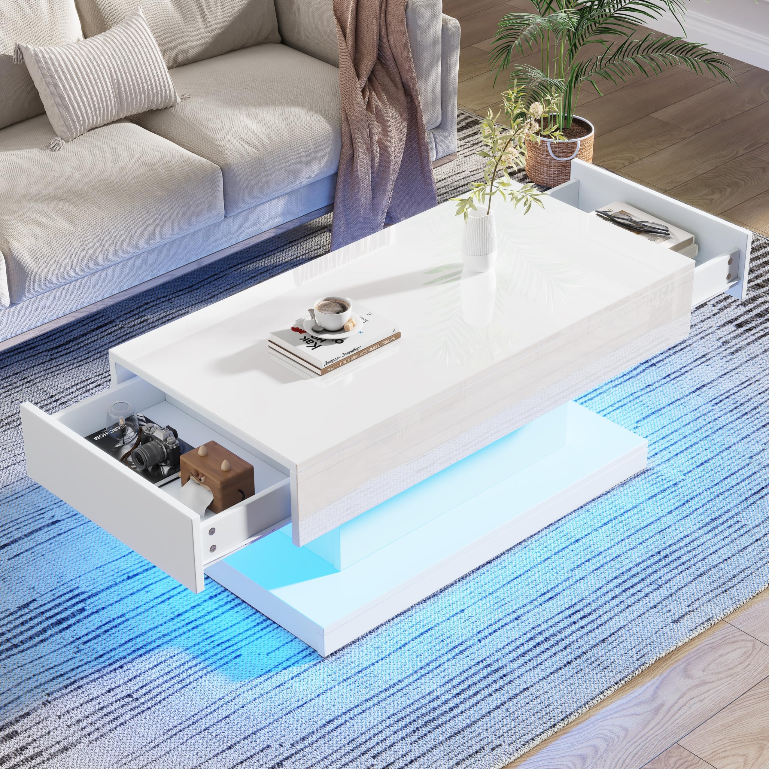 ModernLuxe High Gloss Coffee Table with 2 Drawers and LED Lights, Space-Saving Sofa Side Table for Living Room or Office, White, 100 x 50 x 45 cm — image 1