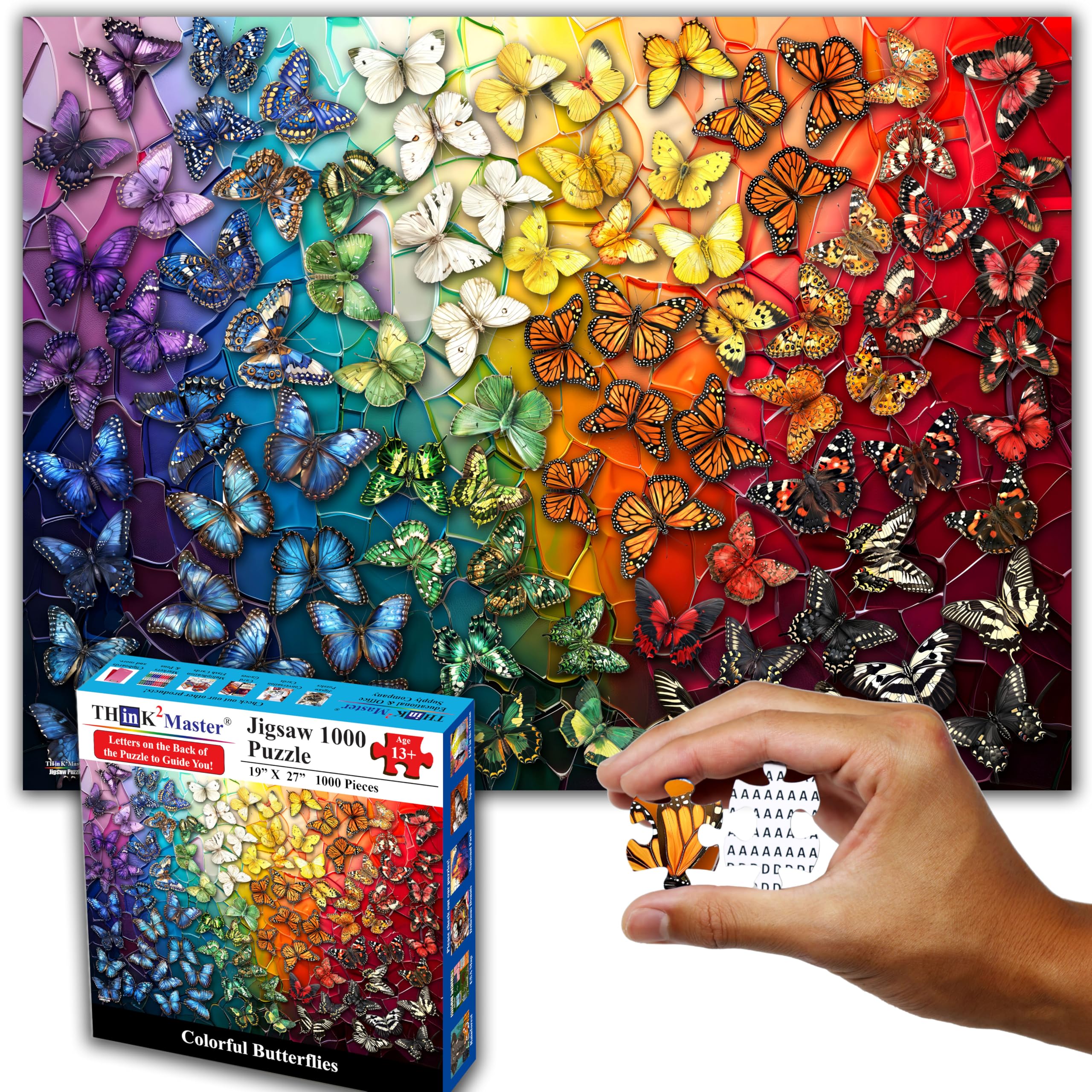 Think2Master Colorful Rainbow of Butterflies & Stained Glass 1000 Pieces Large Format Jigsaw Puzzle for Kids 13+, Teens, Adults & Families. Beautiful