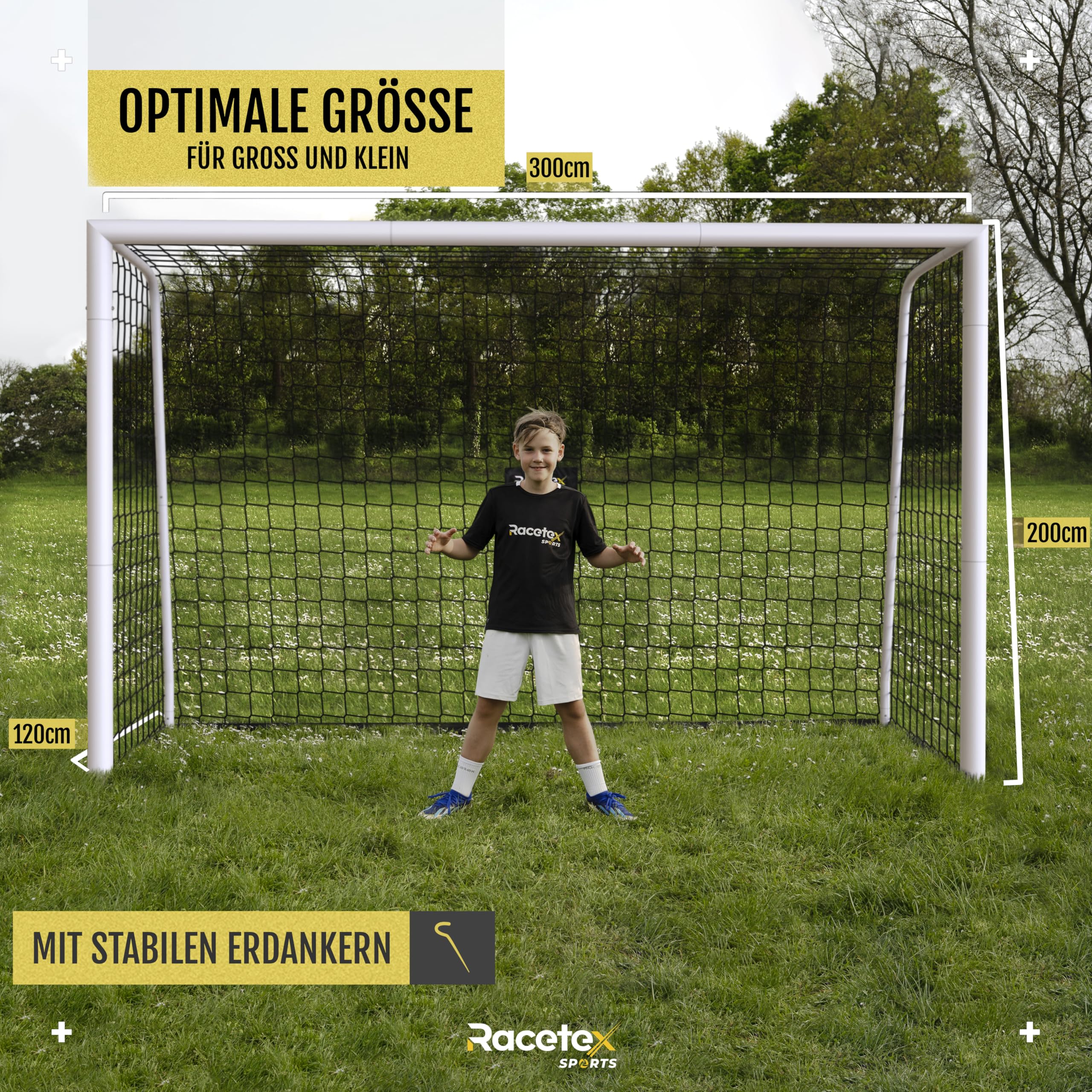 Racetex Fussballtore für Garten Kinder und Erwachsene [ENORM ROBUST] - Fußballtor Kinder mit Stabiler Stahlrahmen Front - Fußballtore inkl. Edelstahl Erdanker - Das Tor für den Garten