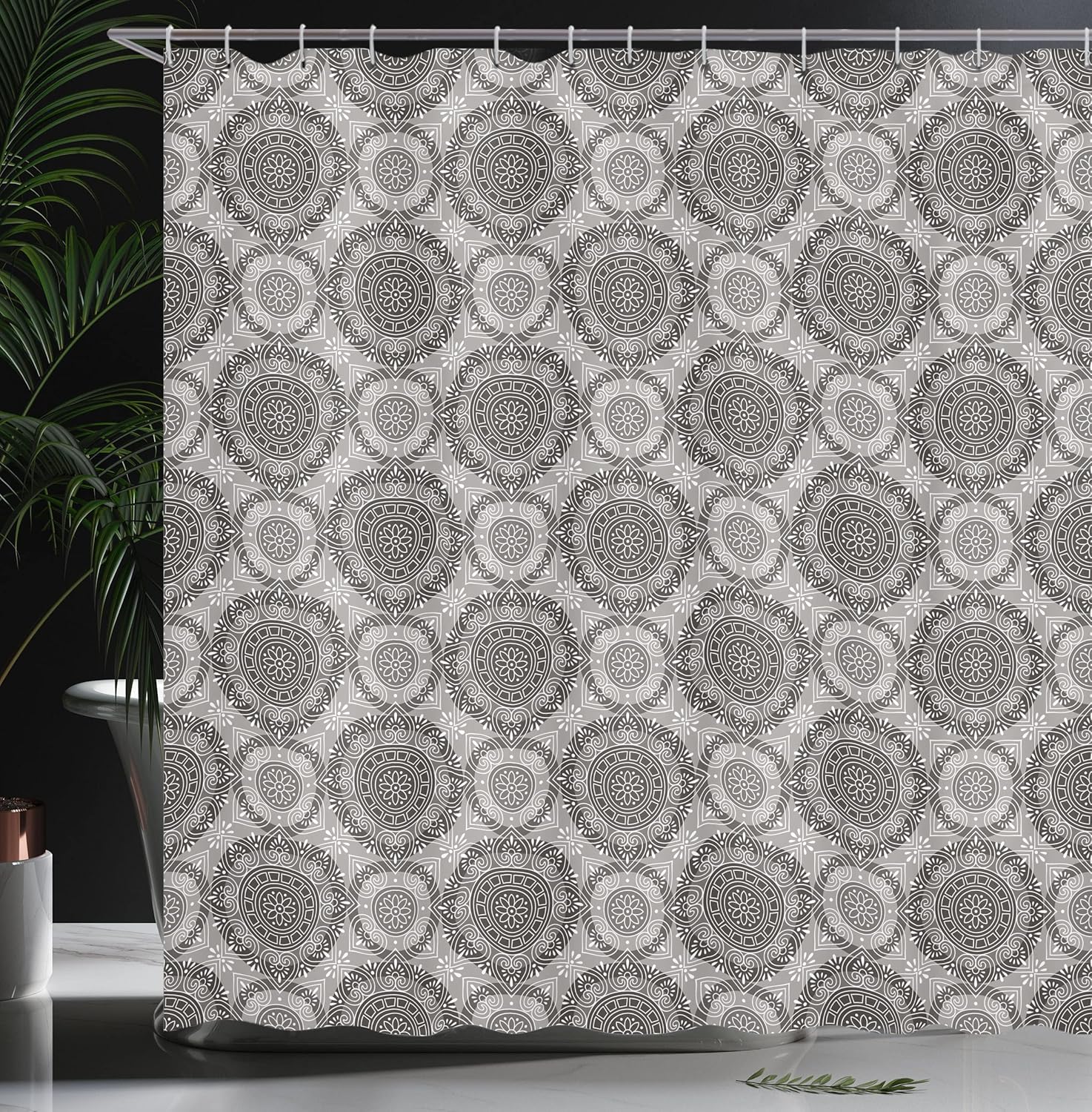 Ambesonne Grey Shower Curtain, Antique Pattern with an Ornamental Flowers in The Style of a Traditional Damask Pattern Geometrical Art, Fabric Bathroom Decor Set with Hooks, 69" W x 75" L, Grey Black