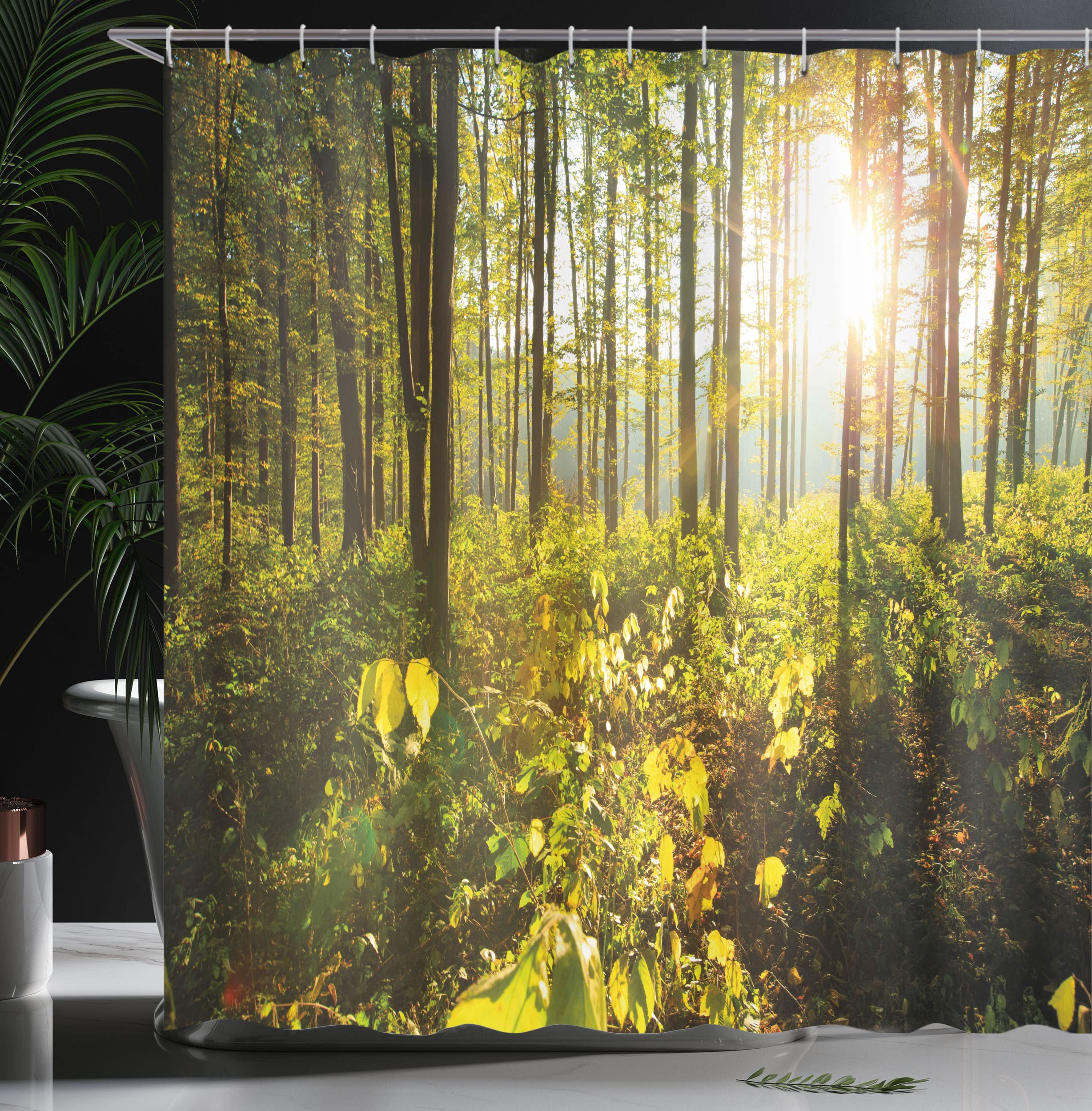 Rideau De Douche Forêt Feuilles D'Or 175x200 Cm - Imprimé Élégant Avec Crochets - 8