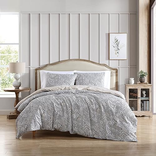 Stone Cottage - Juego de funda de edredón tamaño King, juego de ropa de cama reversible de algodón, decoración del hogar de cabaña (gris clarastro,