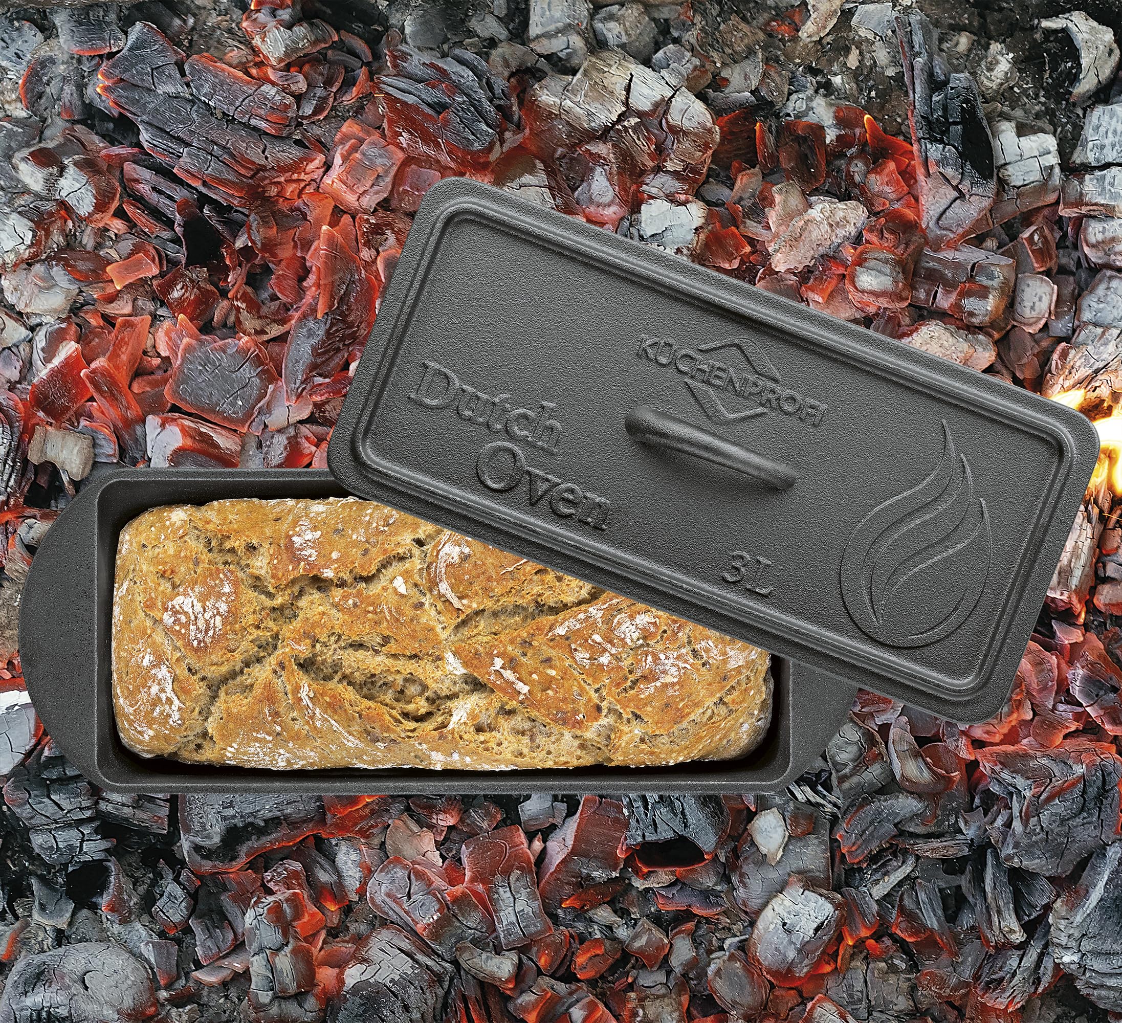Küchenprofi Dutch Oven BBQ, żeliwo, gotowe do użycia, żeliwne naczynie w kształcie skrzynki, z pokrywką i podnośnikiem pokrywki, nadaje się do piekarnika i kuchenek indukcyjnych, garnek do pieczenia,