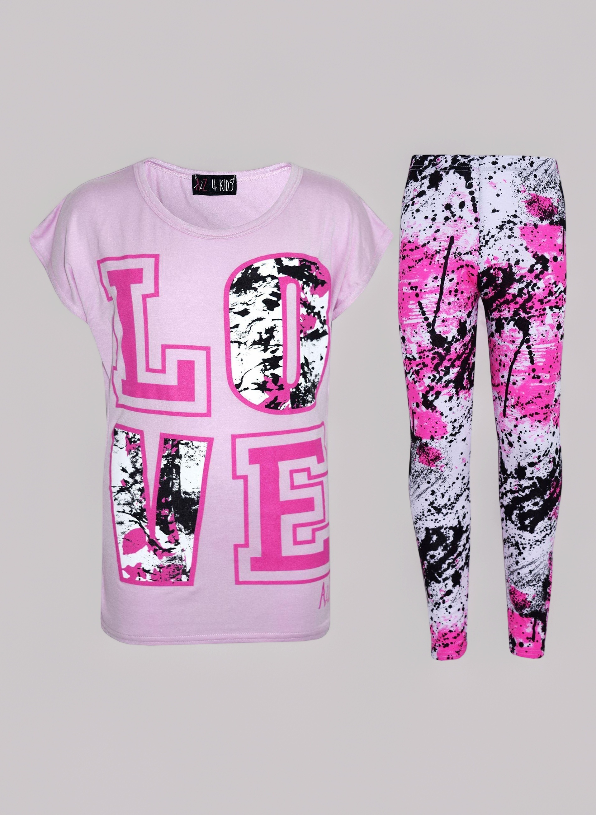 A2Z 4 Kids Girls Love Print Crop Top with Short/Long Sleeves & Splash Print Leggings Set Fashion Outfit for Girls Age 5-14 Years