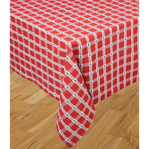 Urban Villa Christmas Tablecloth Christmas Trees Table Cloth Tabletop Cover Kitchen Dining Poly Cotton Great for Parties Wedding Holiday Dinner Red/Green Rectangle 60''x84'' 6 to 8 Seats Table Cloth