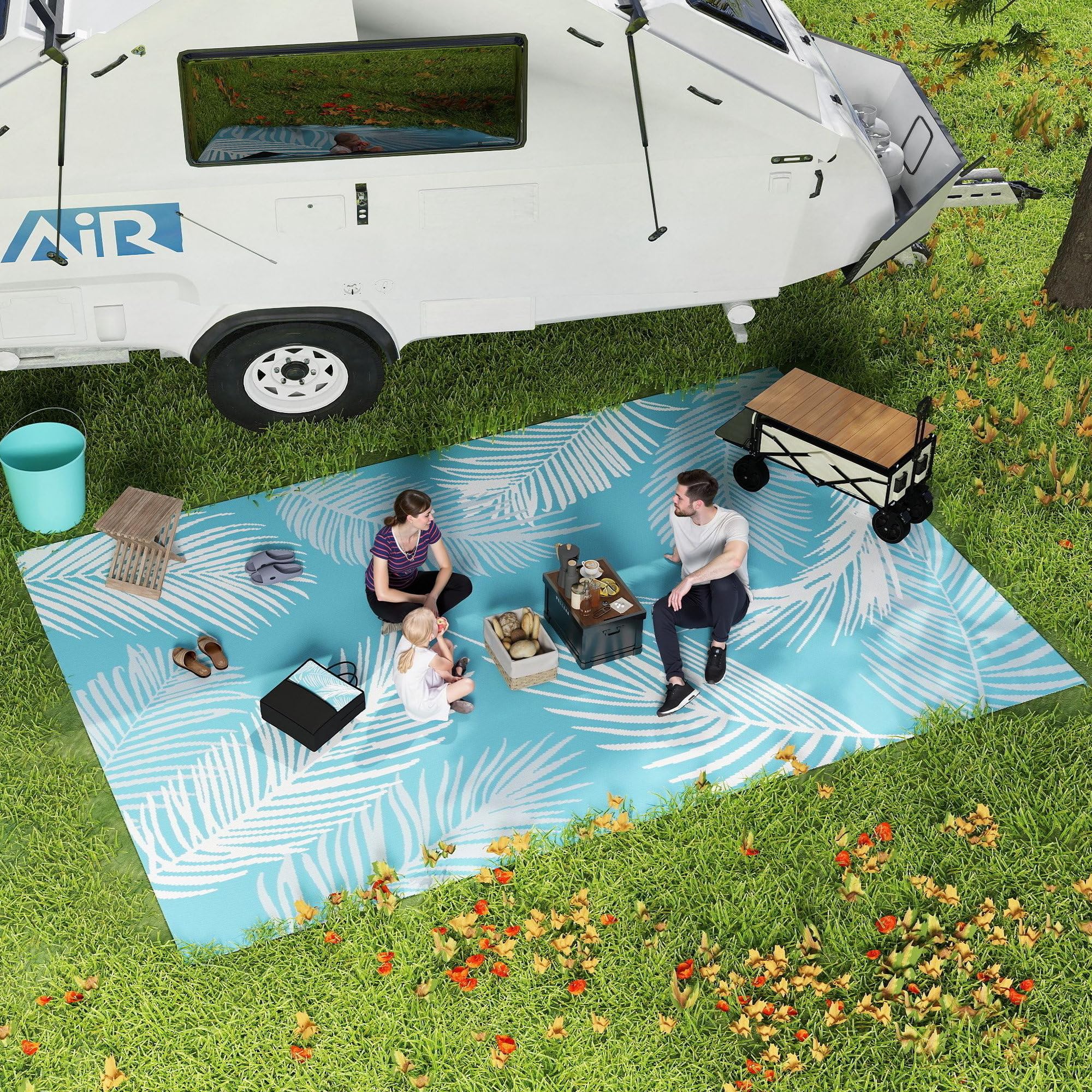 Outsunny Tapis d'extérieur réversible 274x182 cm, Tapis de Sol en PP, Portable et résistant aux intempéries, Sac de Transport Inclus, pour terrasse, Patio, Balcon, Bleu