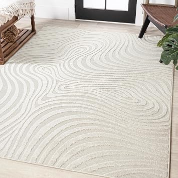 Abstract Stripe Area Rug 4X6 Cream/Ivory, Indoor Outdoor Rug