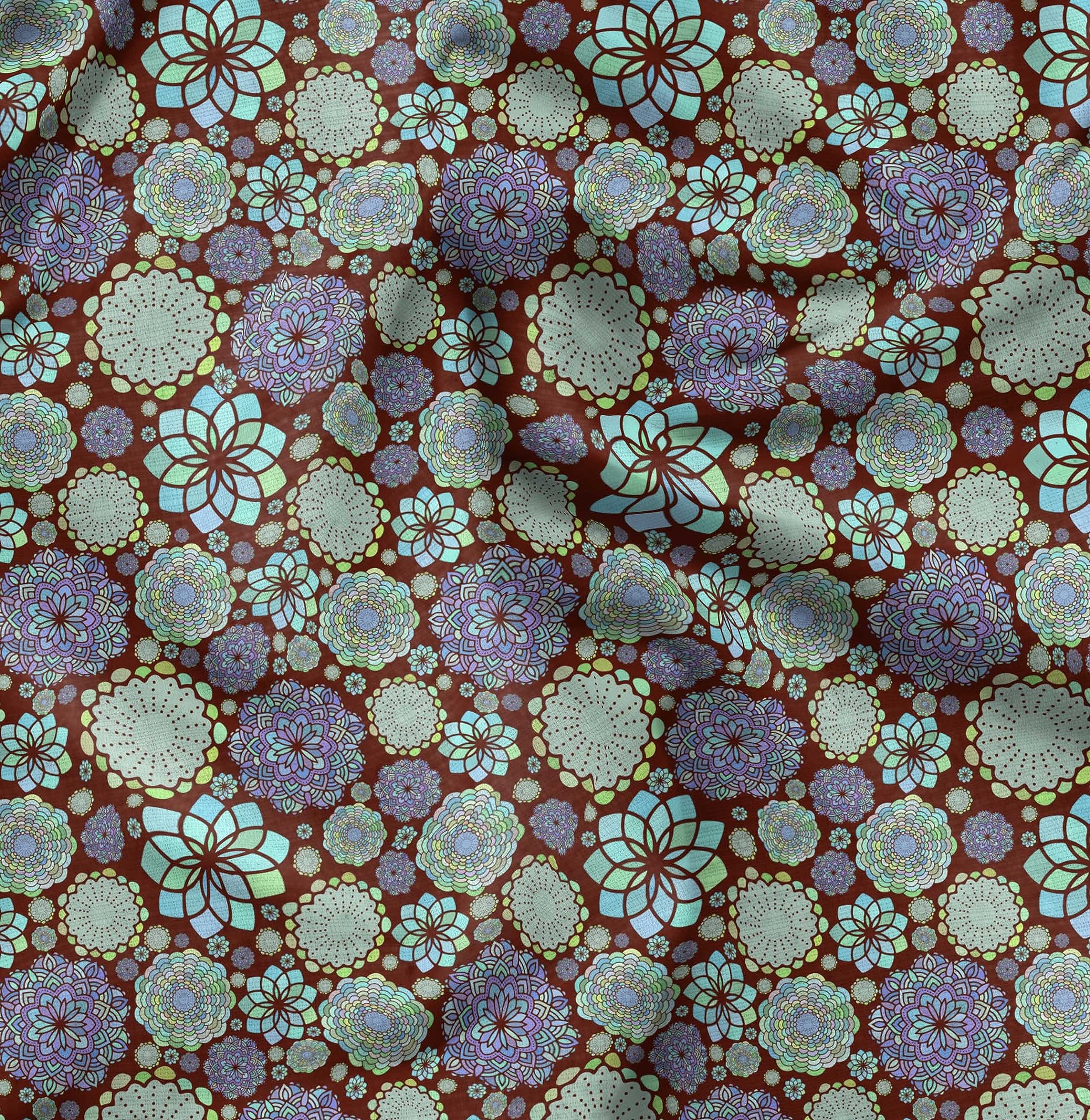 Soimoi Red Cotton Cambric Fabric Blue Mandala Printed Craft Fabric by The Yard 42 Inch Wide