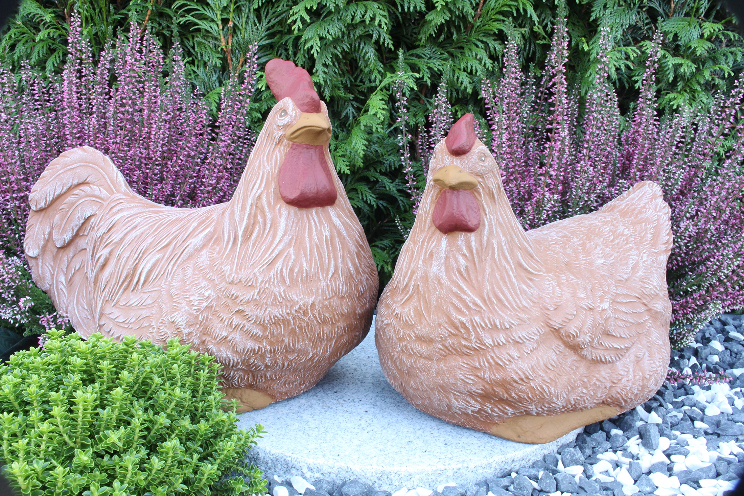 Steinfigur Huhn, Henne, Hahn 2er Set 135/3, 180/3 Gartenfigur Steinguss Tierfigur Terrakaotta Patina