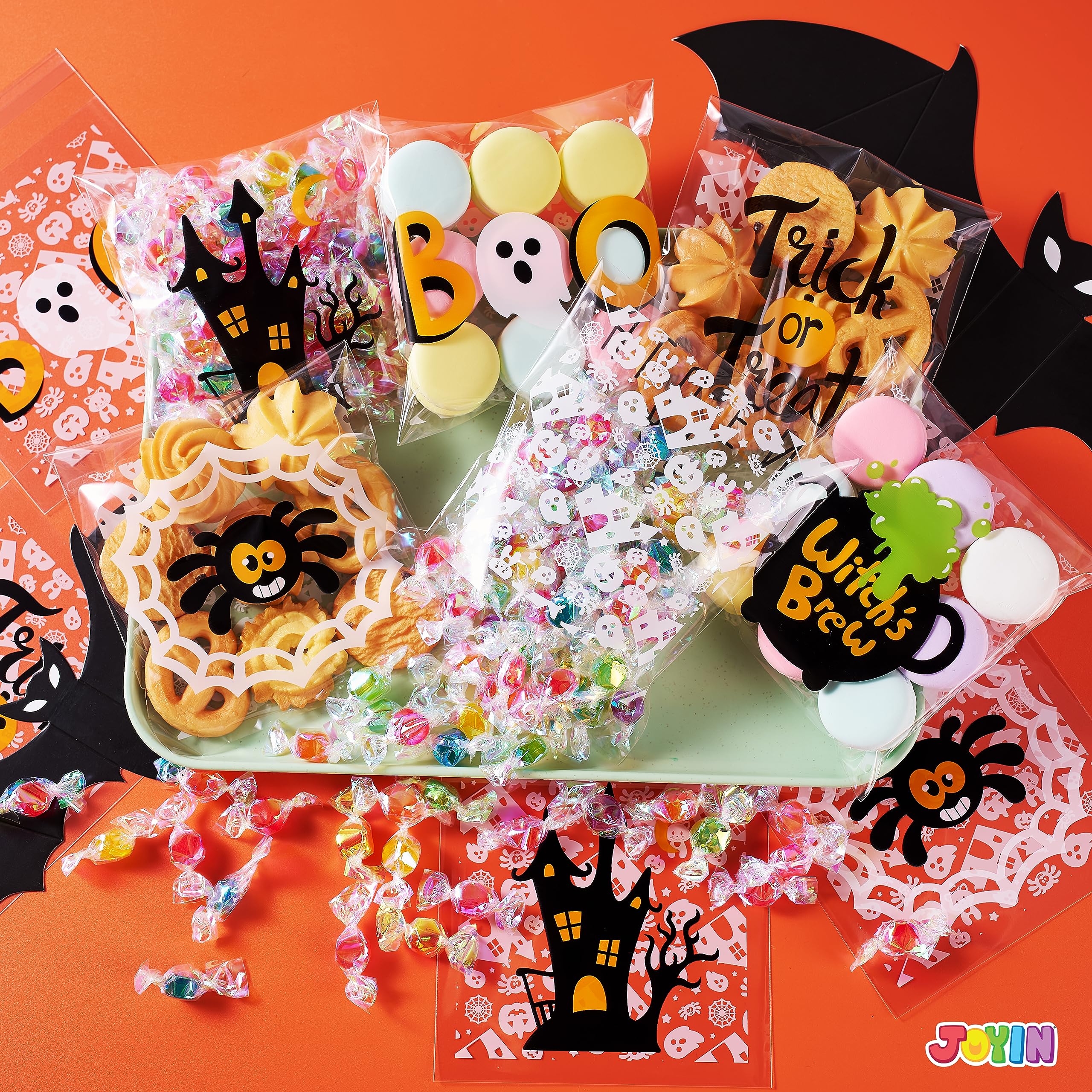 Jocomoni 160 Stück Halloween-Geschenktüten Mit Bindebändern – Süßigkeitenbeutel Aus OPP, 4 Designs, 27x13 Cm (Halloween-Party)
