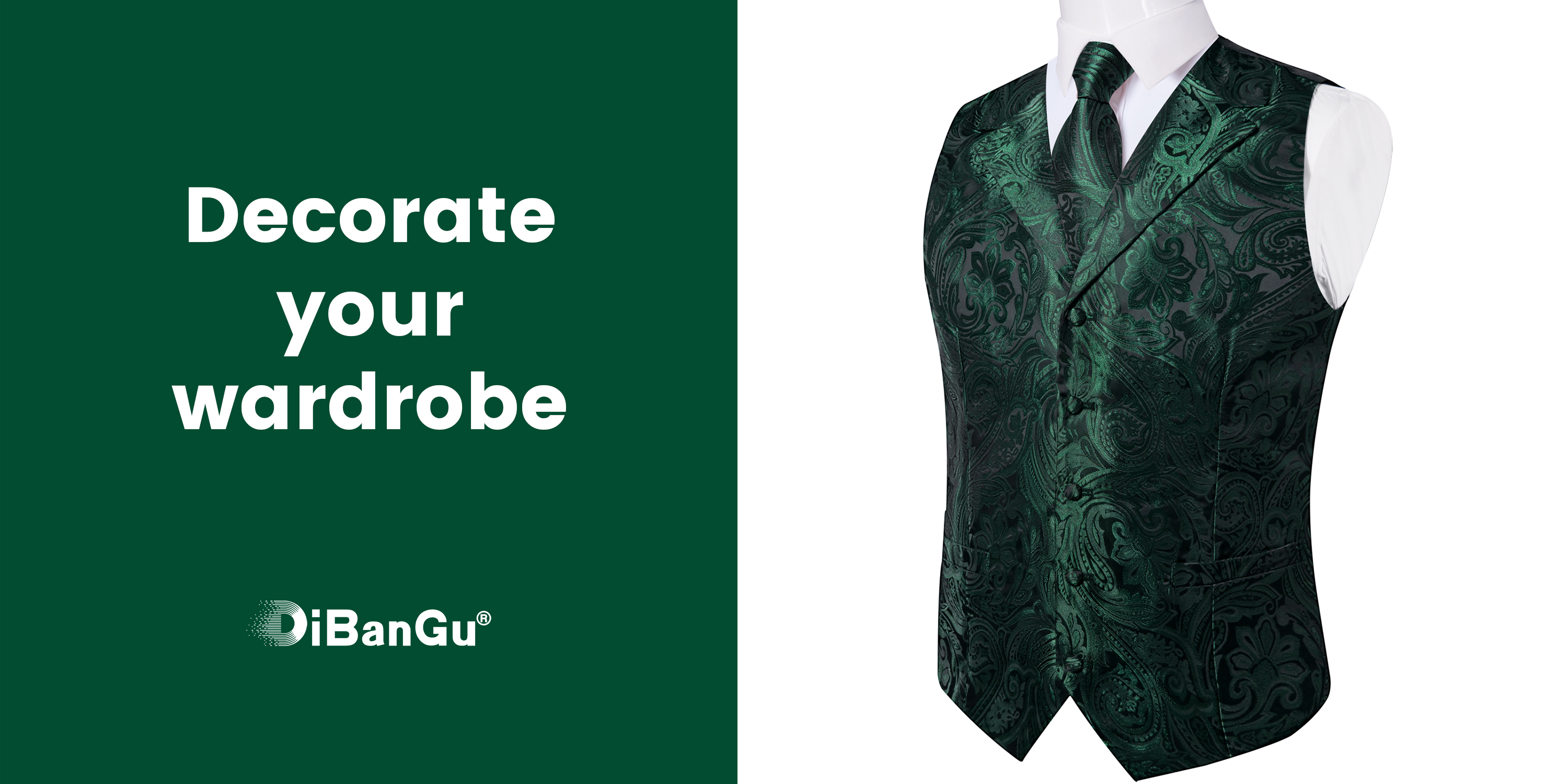 Brand Q Men's Mermaid Teal Green Paisley Tuxedo Vest Set – With Necktie & Hanky, Microfiber